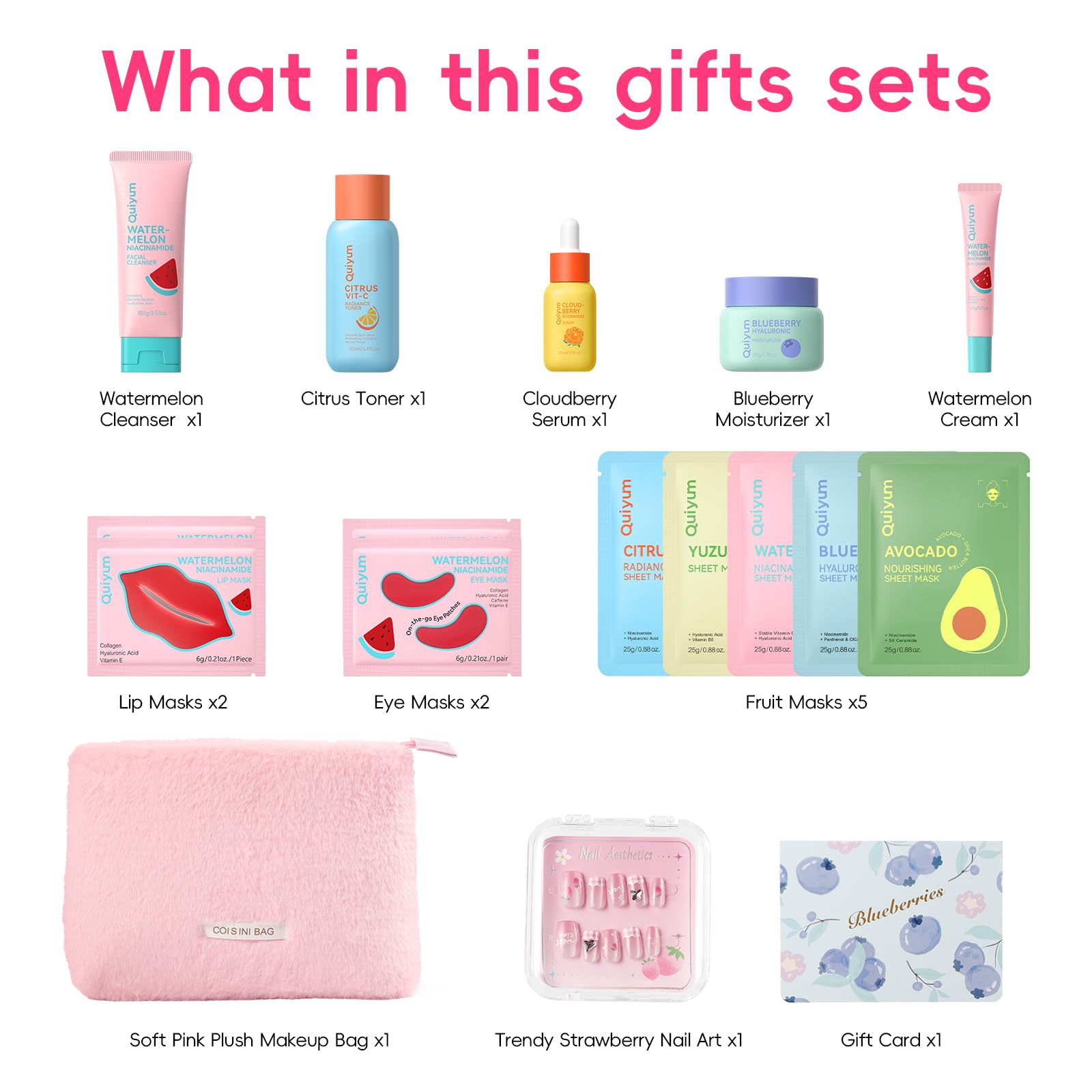 QUIYUM Fruit Skincare Set — Pink Plush Bag & Strawberry Nail Art | Hydrating Glow & Oil Control