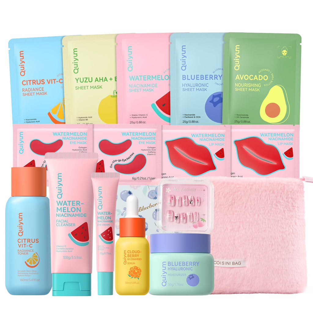 QUIYUM Fruit Skincare Set — Pink Plush Bag & Strawberry Nail Art | Hydrating Glow & Oil Control