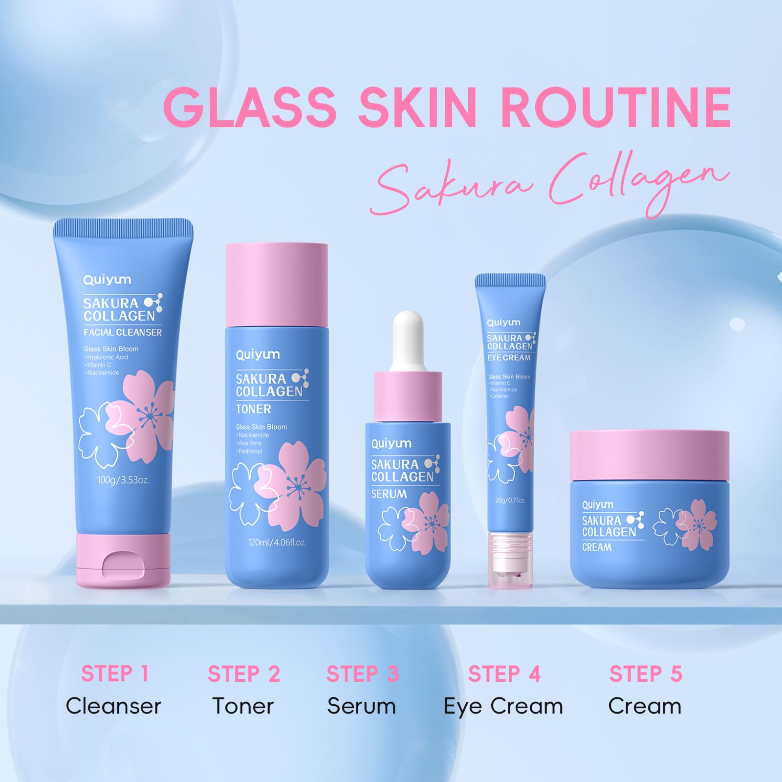 QUIYUM Sakura Collagen Skincare Set – 8-Piece Glass Skin Routine