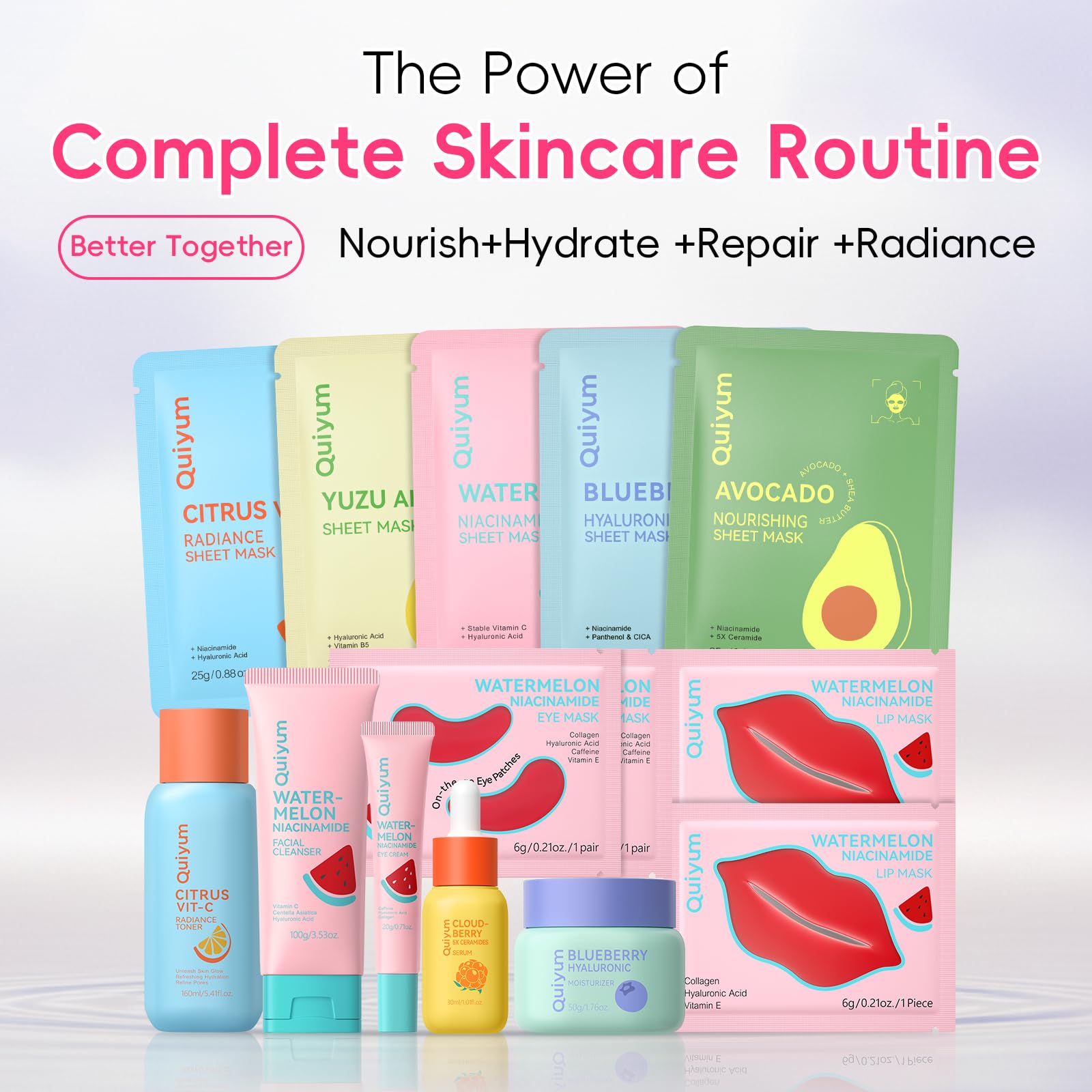 QUIYUM Fruit Skincare Set — Pink Plush Bag & Strawberry Nail Art | Hydrating Glow & Oil Control