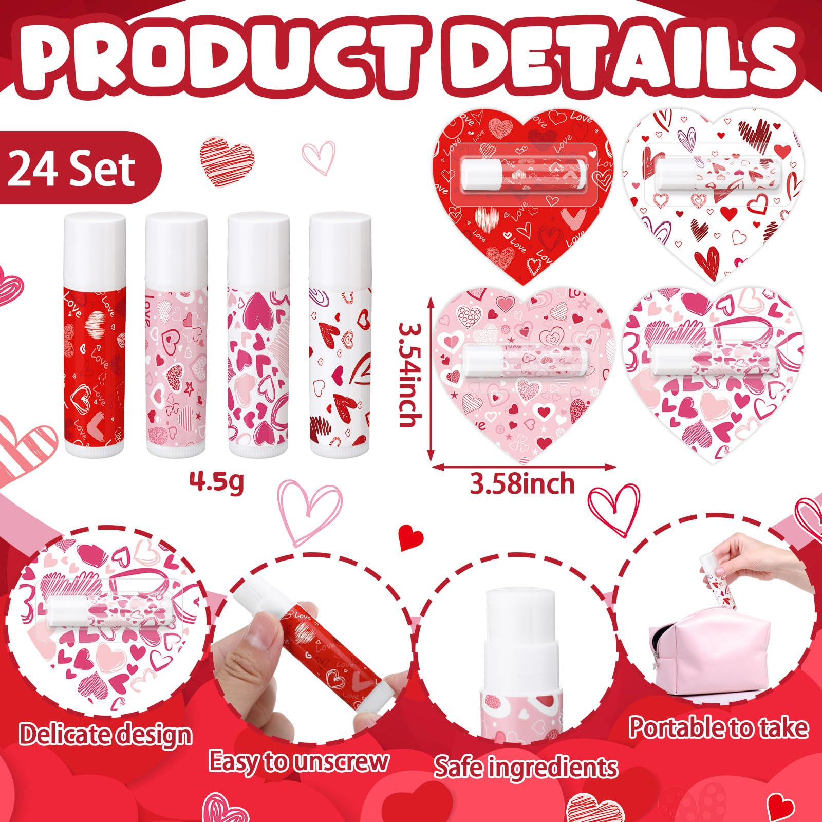 Qunclay 24-Piece Valentine Lip Balm Set — Heart-Shaped, Travel-Size Moisturizing Balms