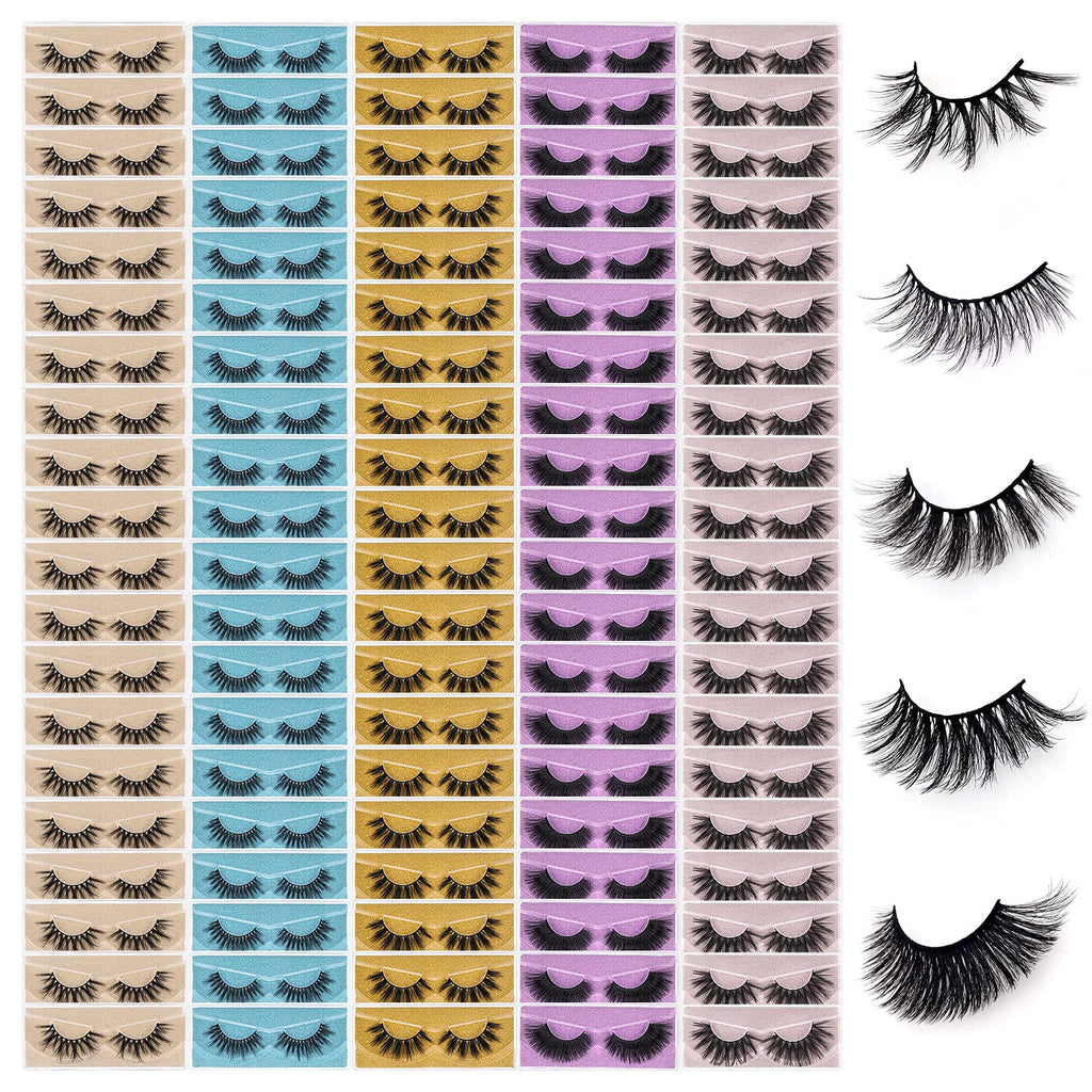 QUNETY Wholesale Mixed Lashes Pack | 3D Faux Mink, 100 Pairs, 5 Styles, Cotton Band, Reusable