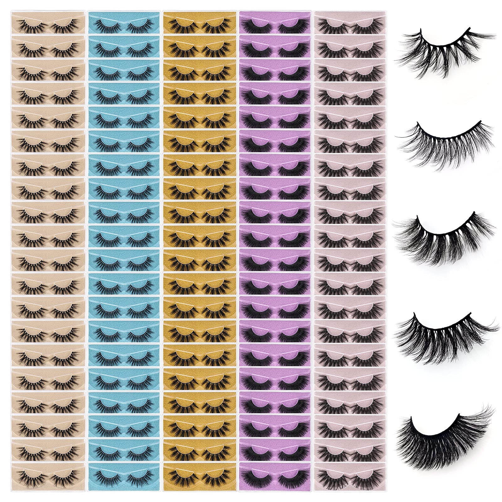 QUNETY Wholesale Mixed Lashes Pack | 3D Faux Mink, 100 Pairs, 5 Styles, Cotton Band, Reusable