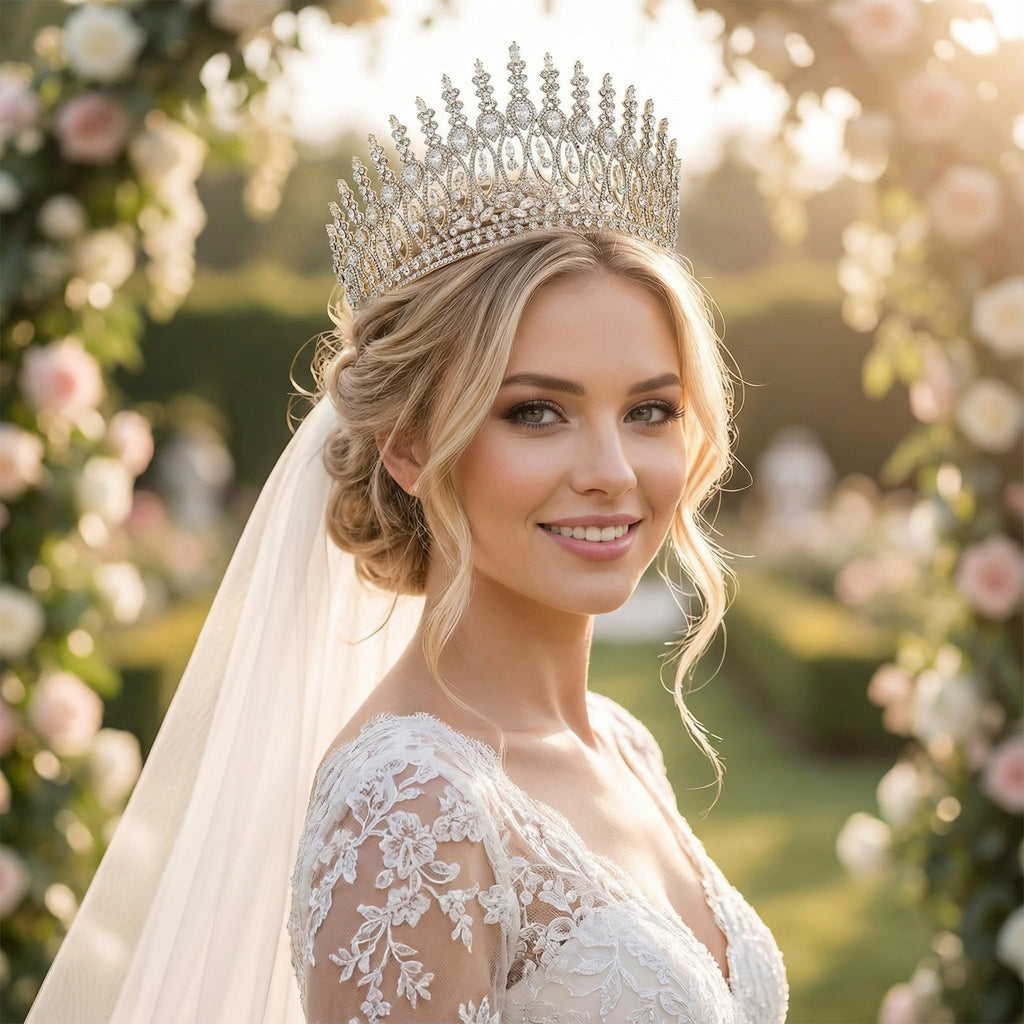 QXMYOO Zircon Crown for Women – Large Gold Tiara for Pageants, Weddings & Quinceañeras