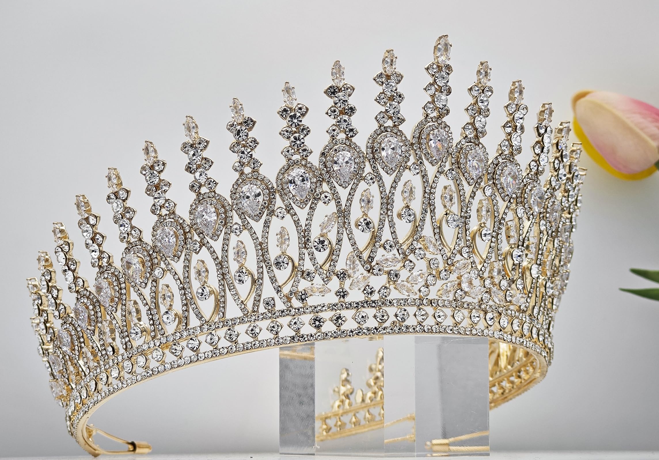 QXMYOO Zircon Crown for Women – Large Gold Tiara for Pageants, Weddings & Quinceañeras