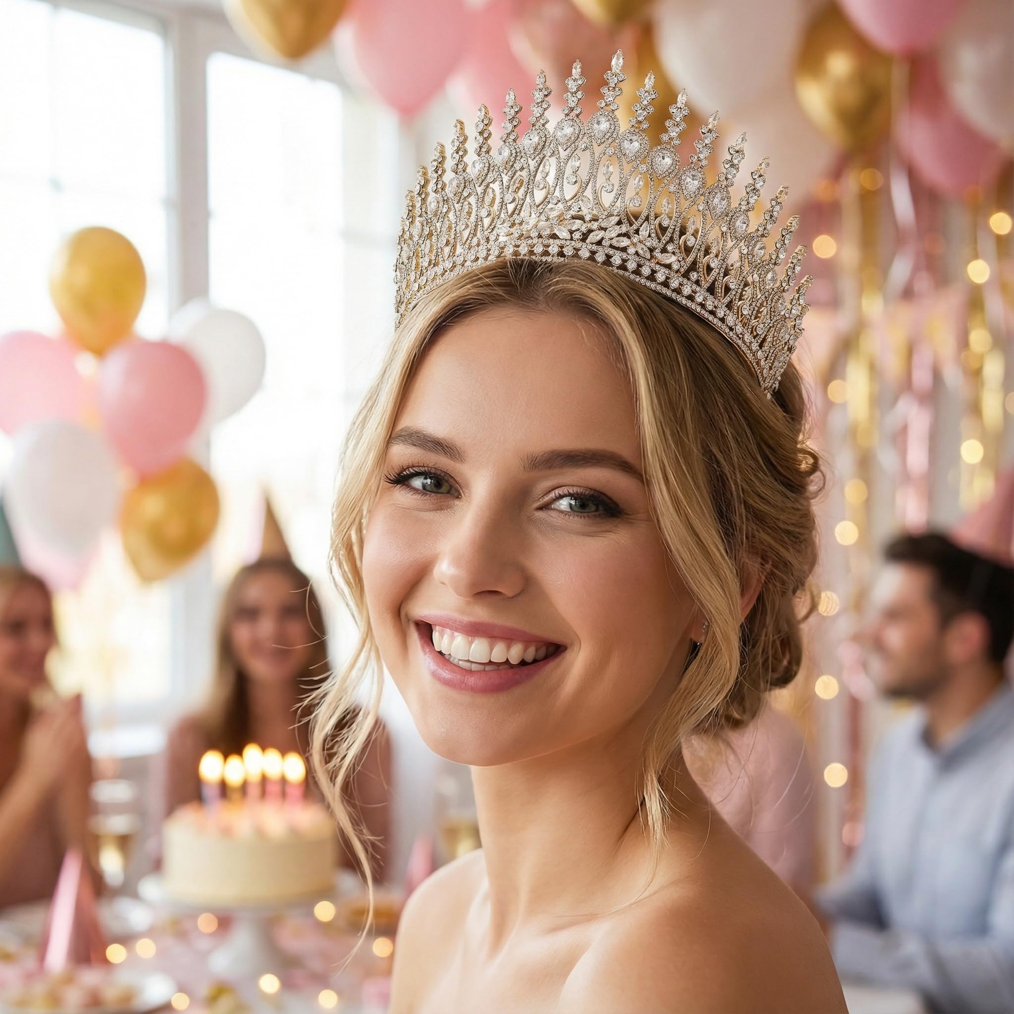 QXMYOO Zircon Crown for Women – Large Gold Tiara for Pageants, Weddings & Quinceañeras
