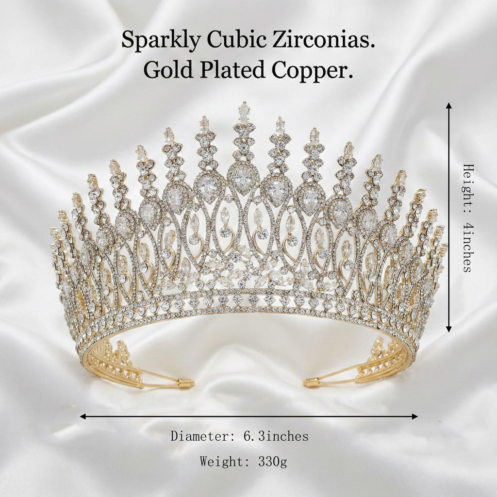 QXMYOO Zircon Crown for Women – Large Gold Tiara for Pageants, Weddings & Quinceañeras