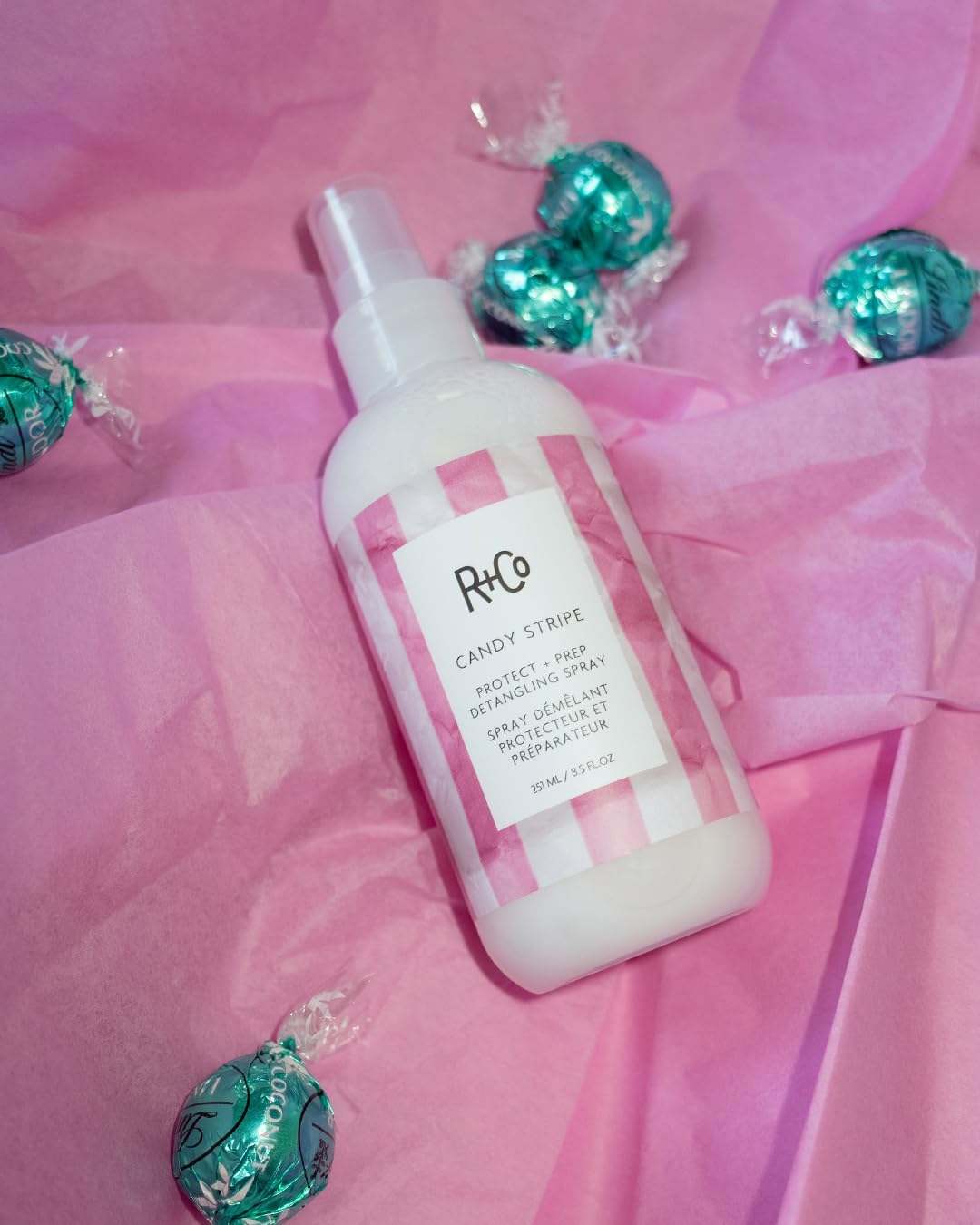 R+Co Candy Stripe Protect + Prep Detangling Spray – Lightweight Leave-In
