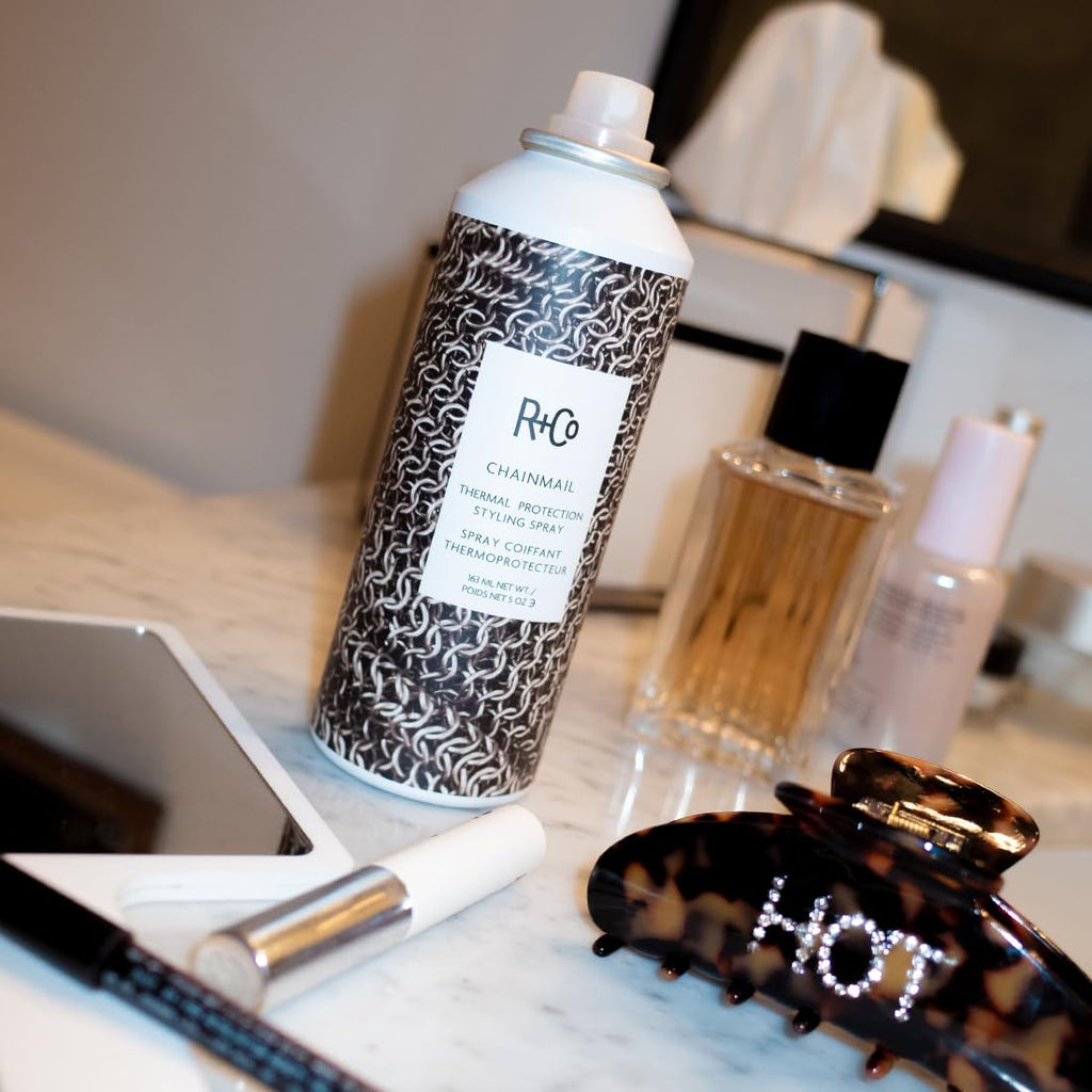 R+Co Chainmail Heat Protection Spray – 450°F Heat Shield, Flexible Hold, Silky Shine | Vegan + Cruelty-Free 5 oz