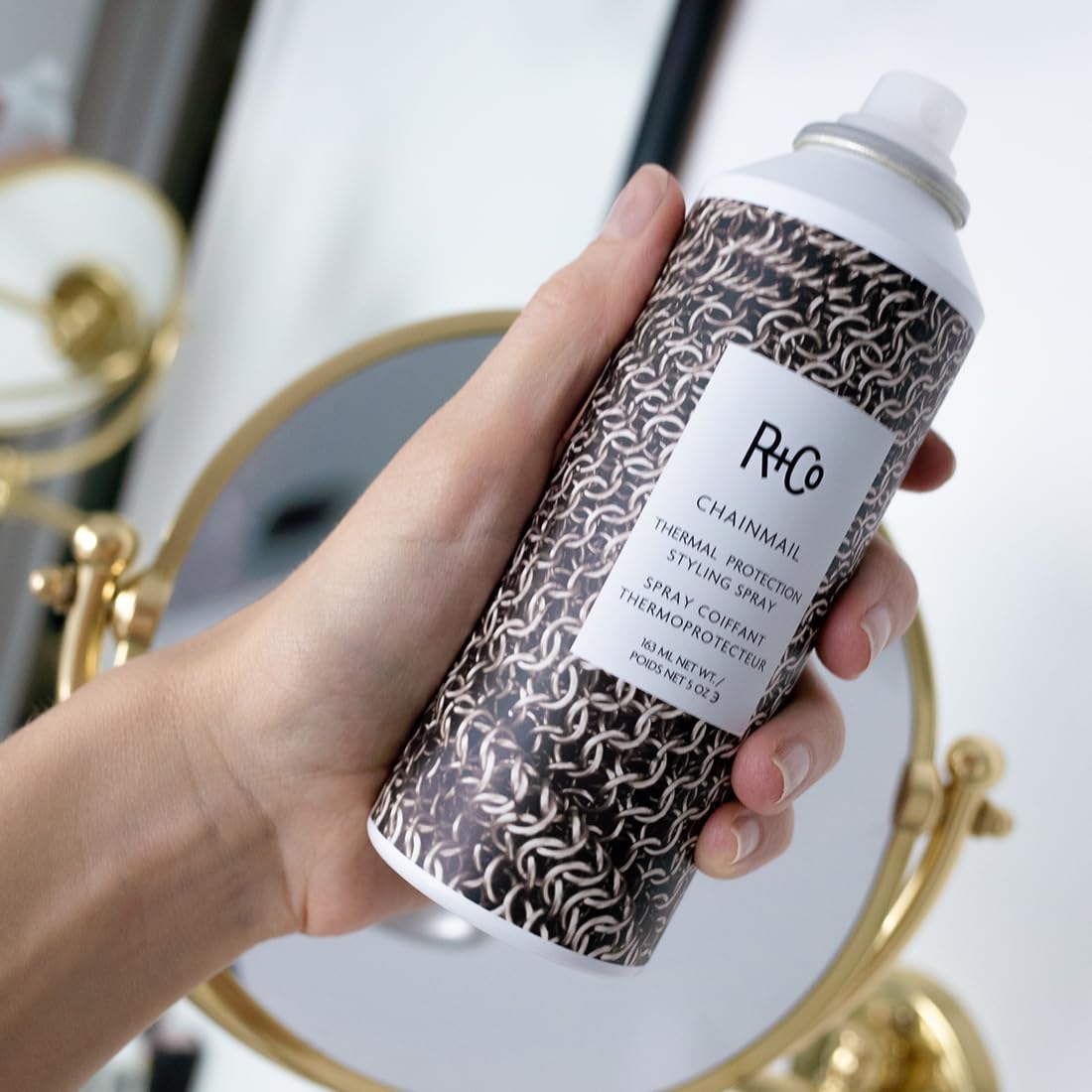 R+Co Chainmail Heat Protection Spray – 450°F Heat Shield, Flexible Hold, Silky Shine | Vegan + Cruelty-Free 5 oz