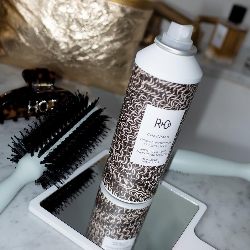 R+Co Chainmail Heat Protection Spray – 450°F Heat Shield, Flexible Hold, Silky Shine | Vegan + Cruelty-Free 5 oz