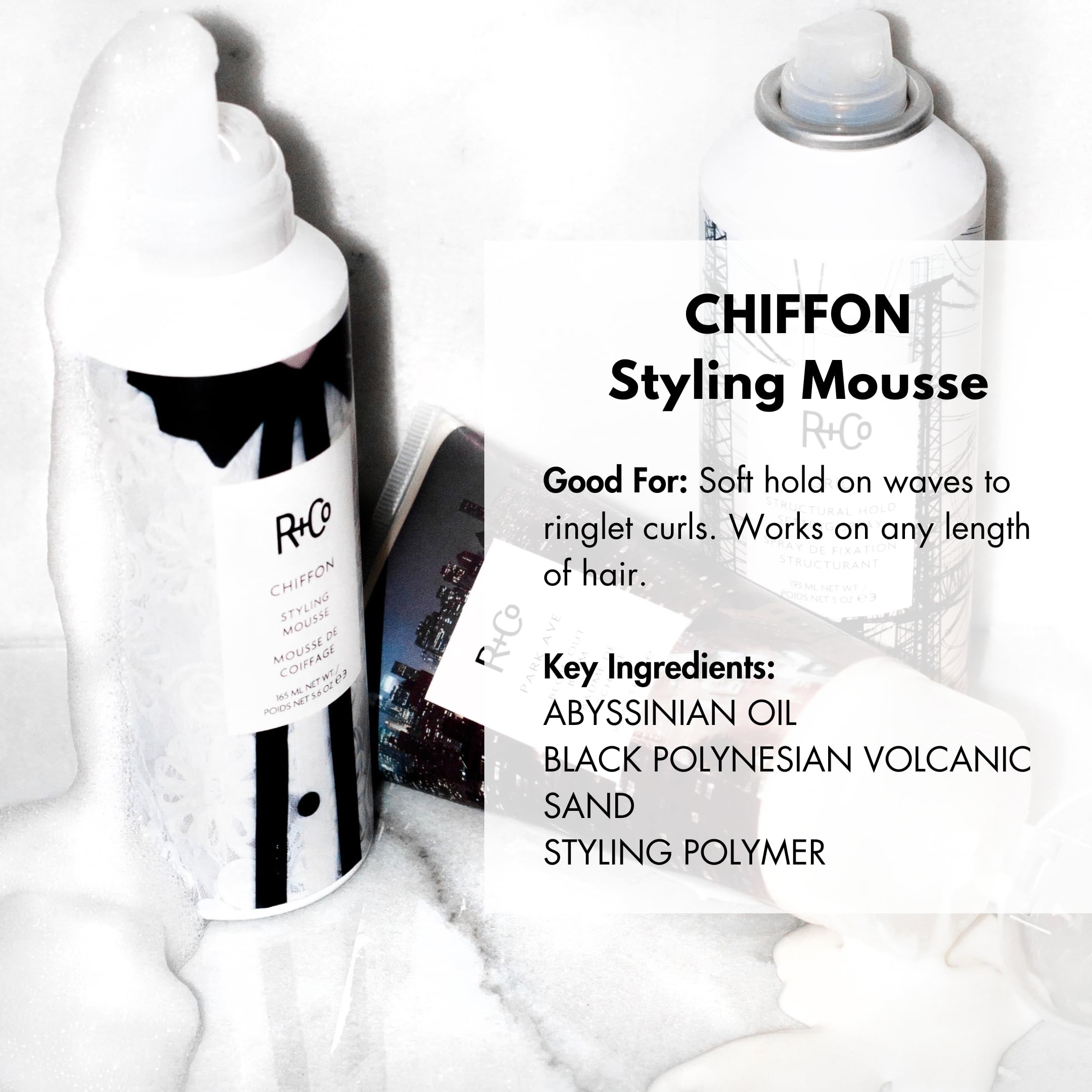 R+Co CHIFFON Styling Mousse – Lightweight Volume, Body & Shine (165 ml / 5.6 oz)