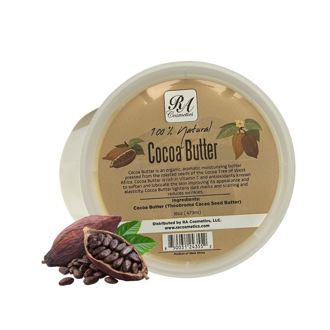 RA COSMETICS 100% Raw Cocoa Butter - Deep Hydration, 16 oz Jar