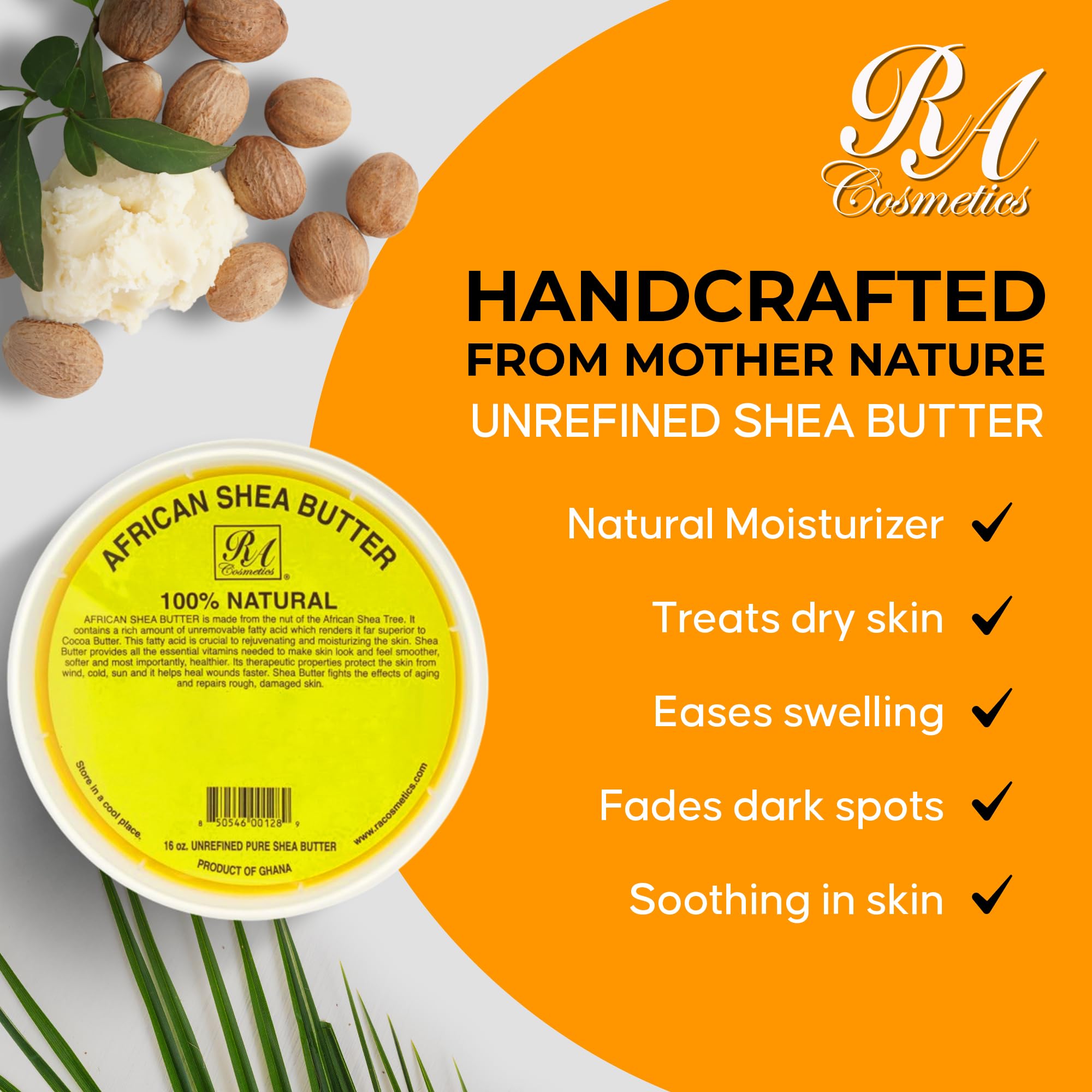 RA Cosmetics 100% Pure African Shea Butter – Golden, Unrefined, 16 oz Jar for Skin & Hair