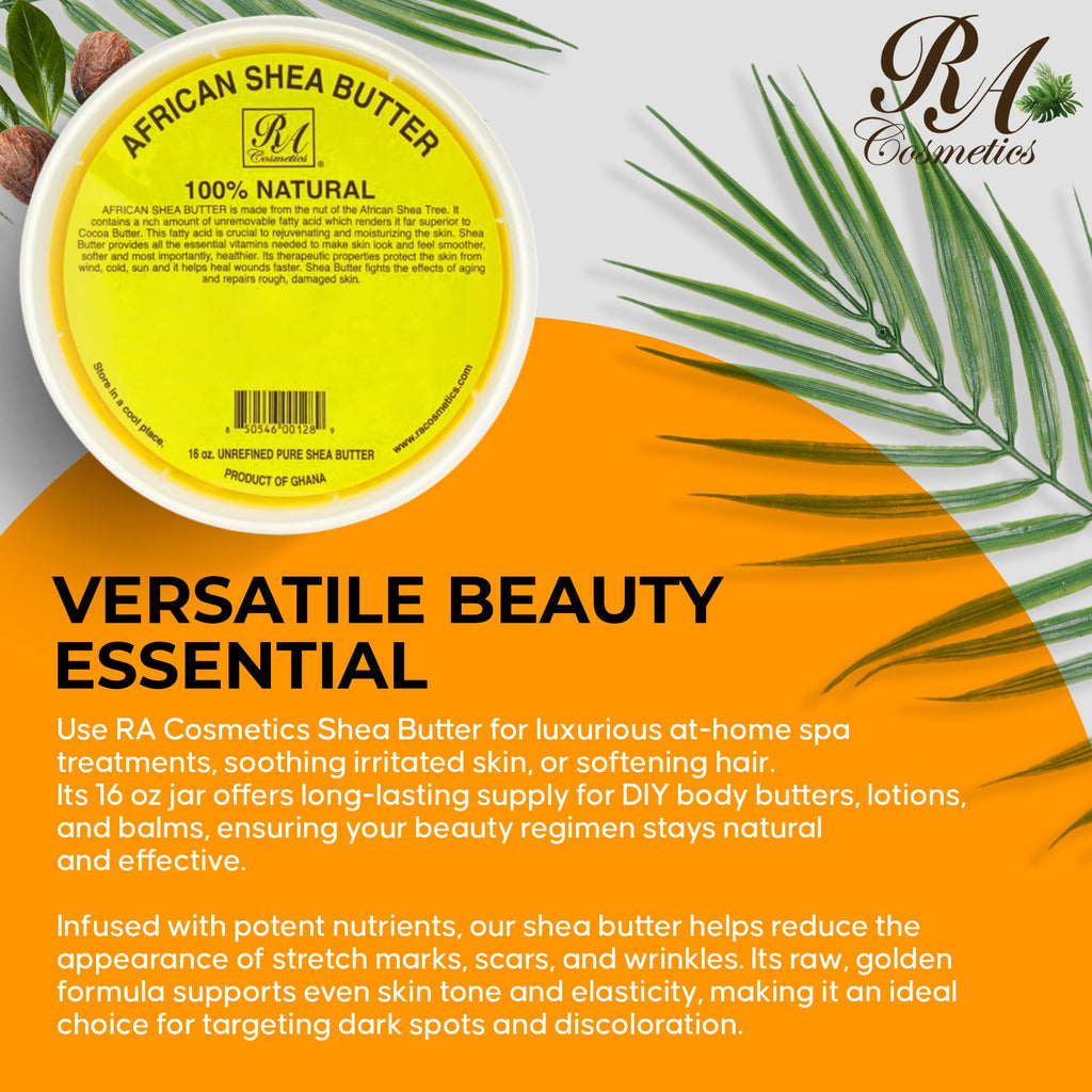 RA Cosmetics 100% Pure African Shea Butter – Golden, Unrefined, 16 oz Jar for Skin & Hair