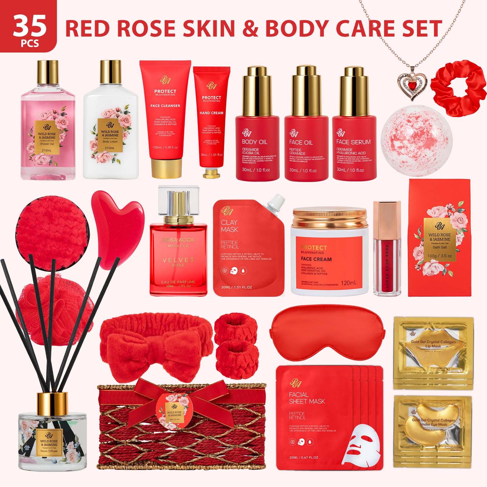 RA ROSA ACCA 35-Pc Valentines Gift Set for Women — Red Rose Spa Basket