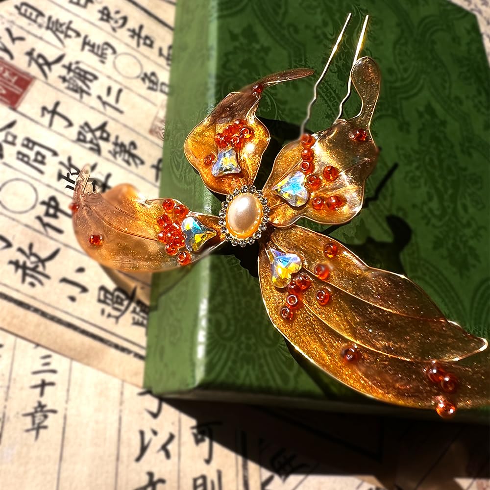 Rabithenn Orange Butterfly Pearl Resin Hairpin – Hanfu Hair Accessory for Women