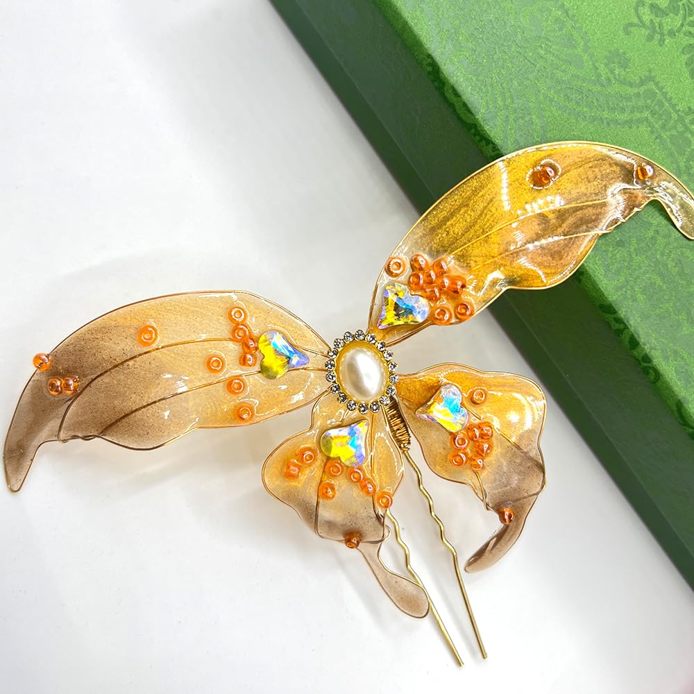 Rabithenn Orange Butterfly Pearl Resin Hairpin – Hanfu Hair Accessory for Women