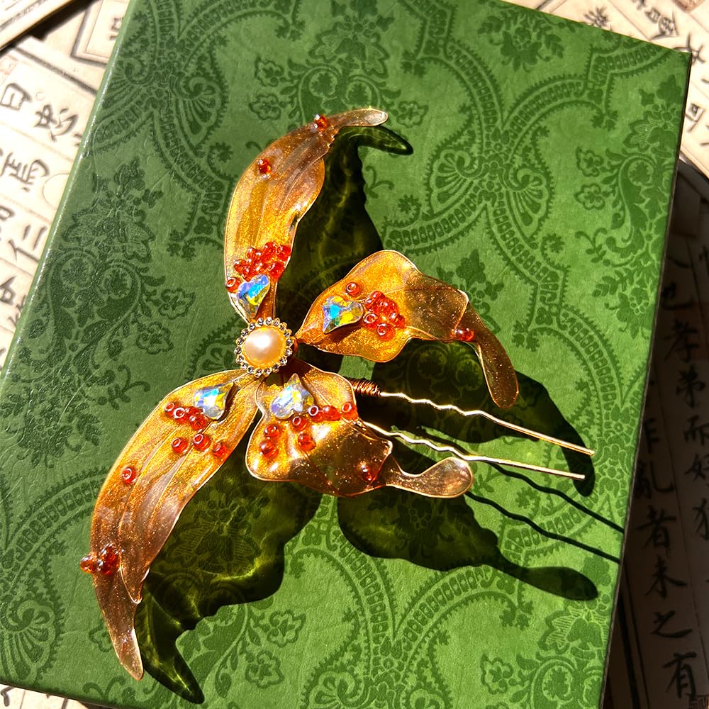 Rabithenn Orange Butterfly Pearl Resin Hairpin – Hanfu Hair Accessory for Women
