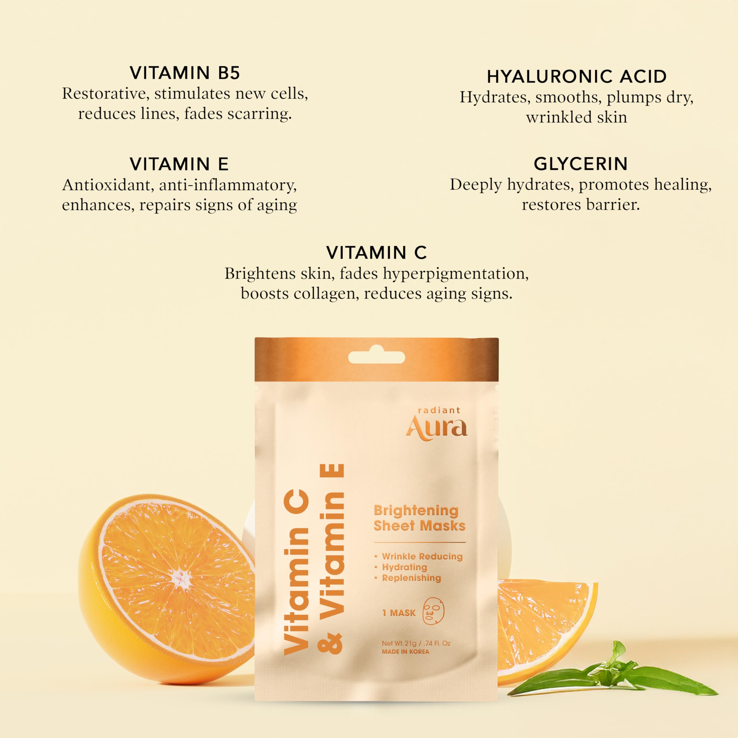 Radiant Aura Vitamin C & E Sheet Mask – Deep Hydration, Anti-Aging, Korean Skincare, 15 Count | Vegan