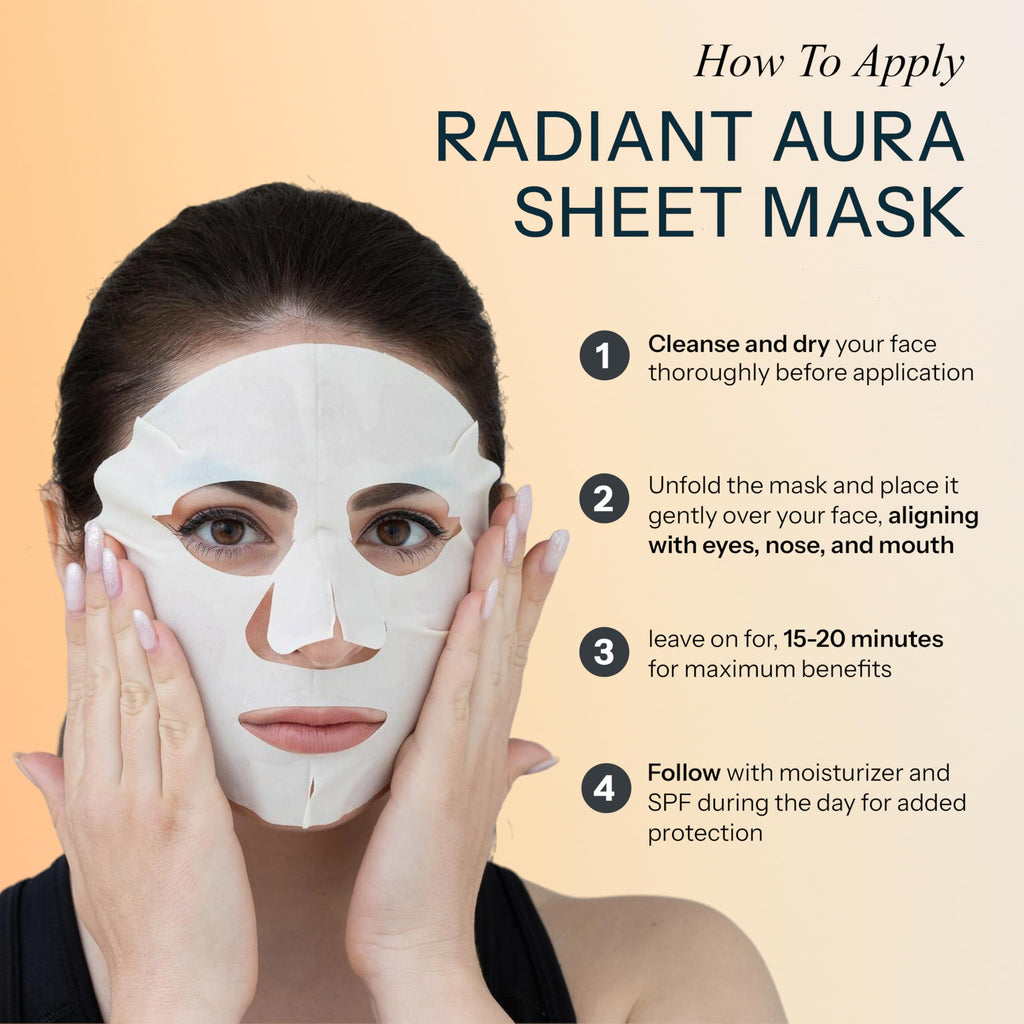 Radiant Aura Vitamin C & E Sheet Mask – Deep Hydration, Anti-Aging, Korean Skincare, 15 Count | Vegan