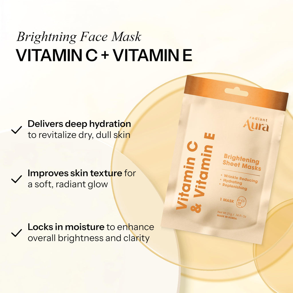 Radiant Aura Vitamin C & E Sheet Mask – Deep Hydration, Anti-Aging, Korean Skincare, 15 Count | Vegan