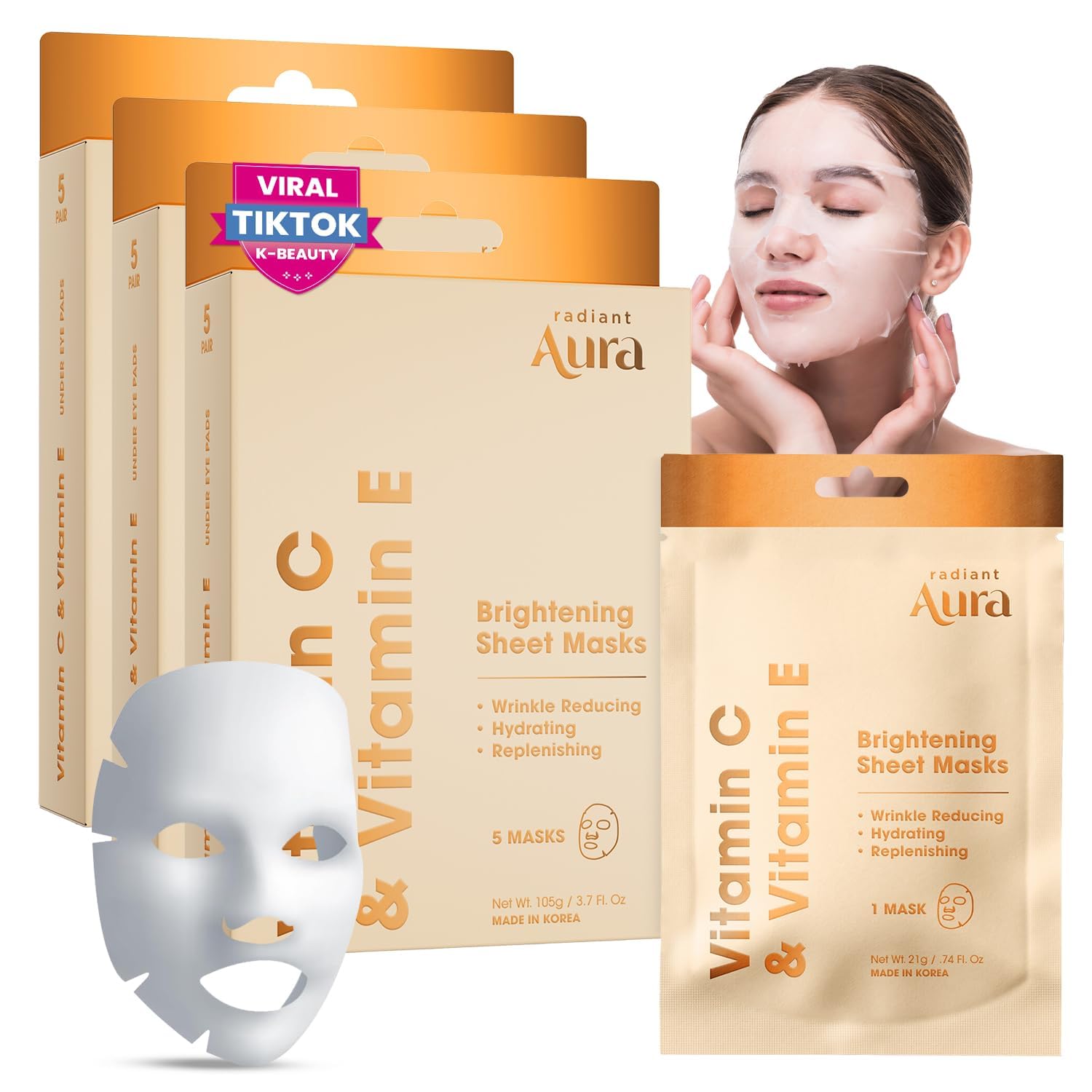 Radiant Aura Vitamin C & E Sheet Mask – Deep Hydration, Anti-Aging, Korean Skincare, 15 Count | Vegan