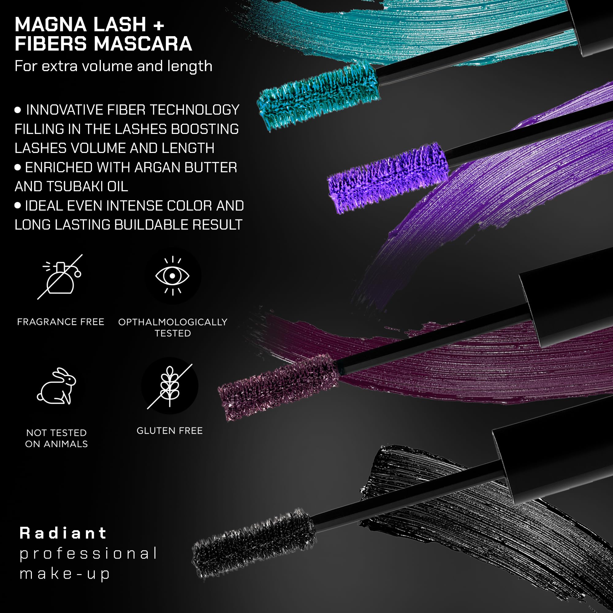 Radiant Professional Lengthening Mascara – Fiber Lash, Smudge-Proof, Cruelty-Free (0.43 oz, Black)