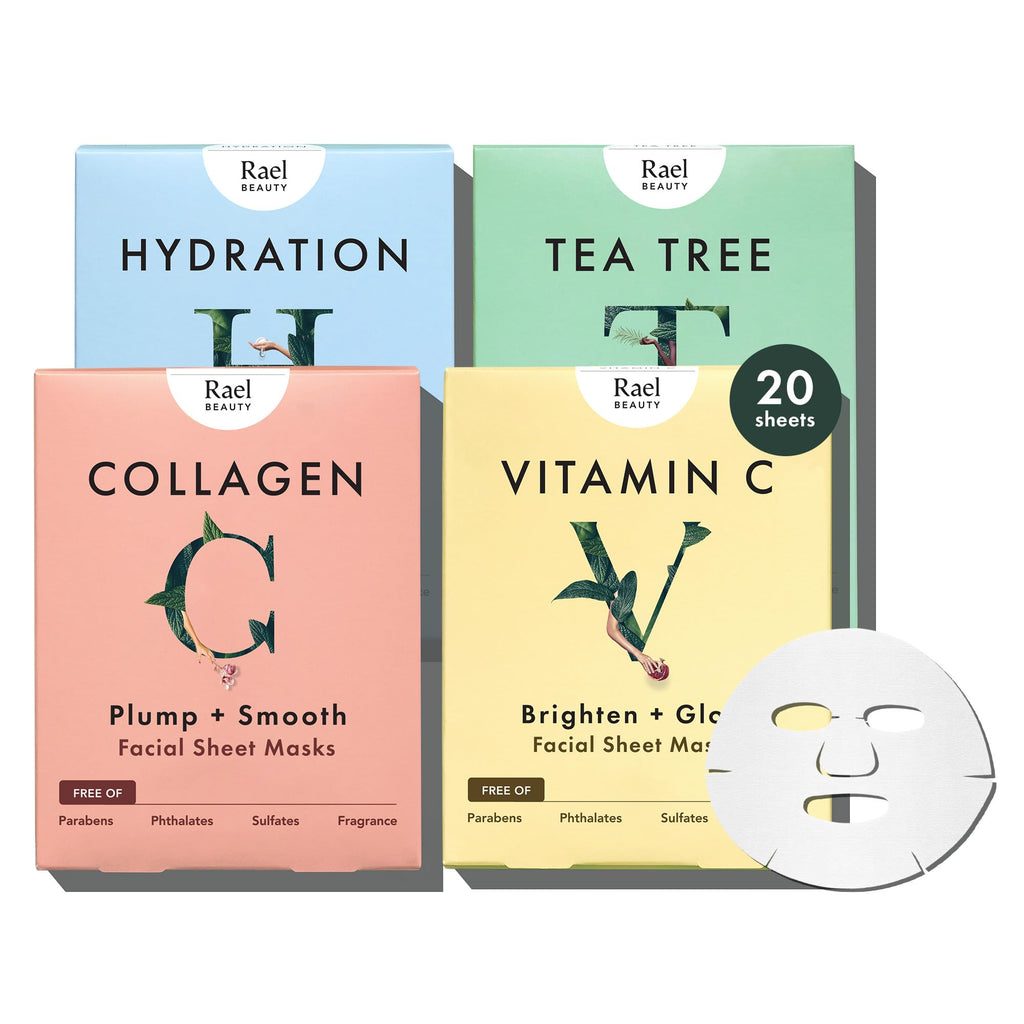 Rael Face Mask Variety Pack – Hydration, Vitamin C, Collagen & Tea Tree, 20 Sheets