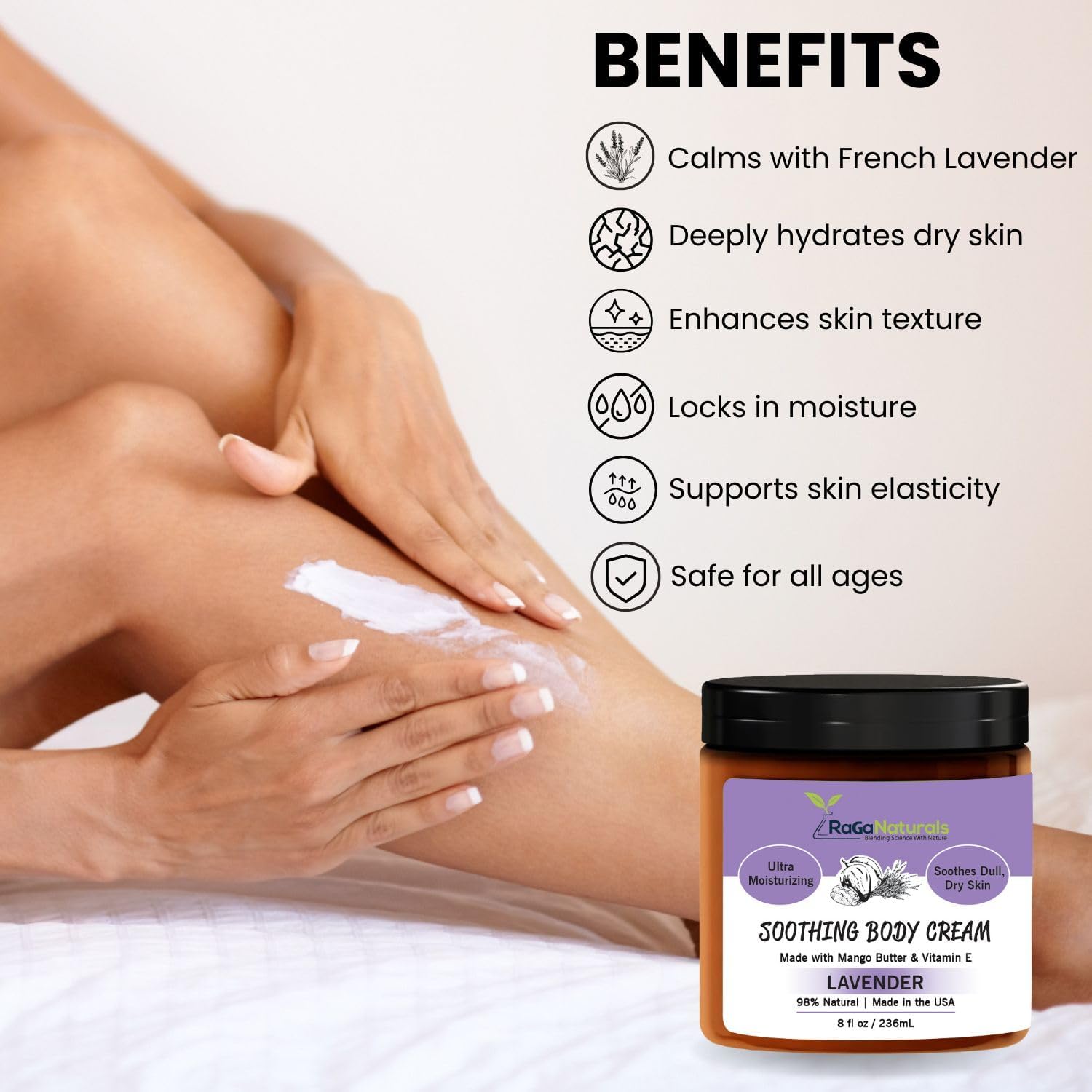 RaGaNaturals Calming Lavender Hand & Body Cream – All-Natural, Vegan, 8 oz