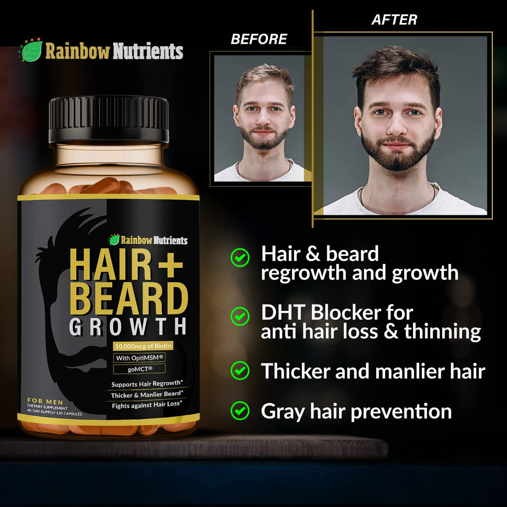 Rainbow Nutrients Hair + Beard Growth Vitamins for Men – Biotin 10,000 mcg, Collagen, Patented OptiMSM®, goMCT®, Saw Palmetto | 60 Day Supply
