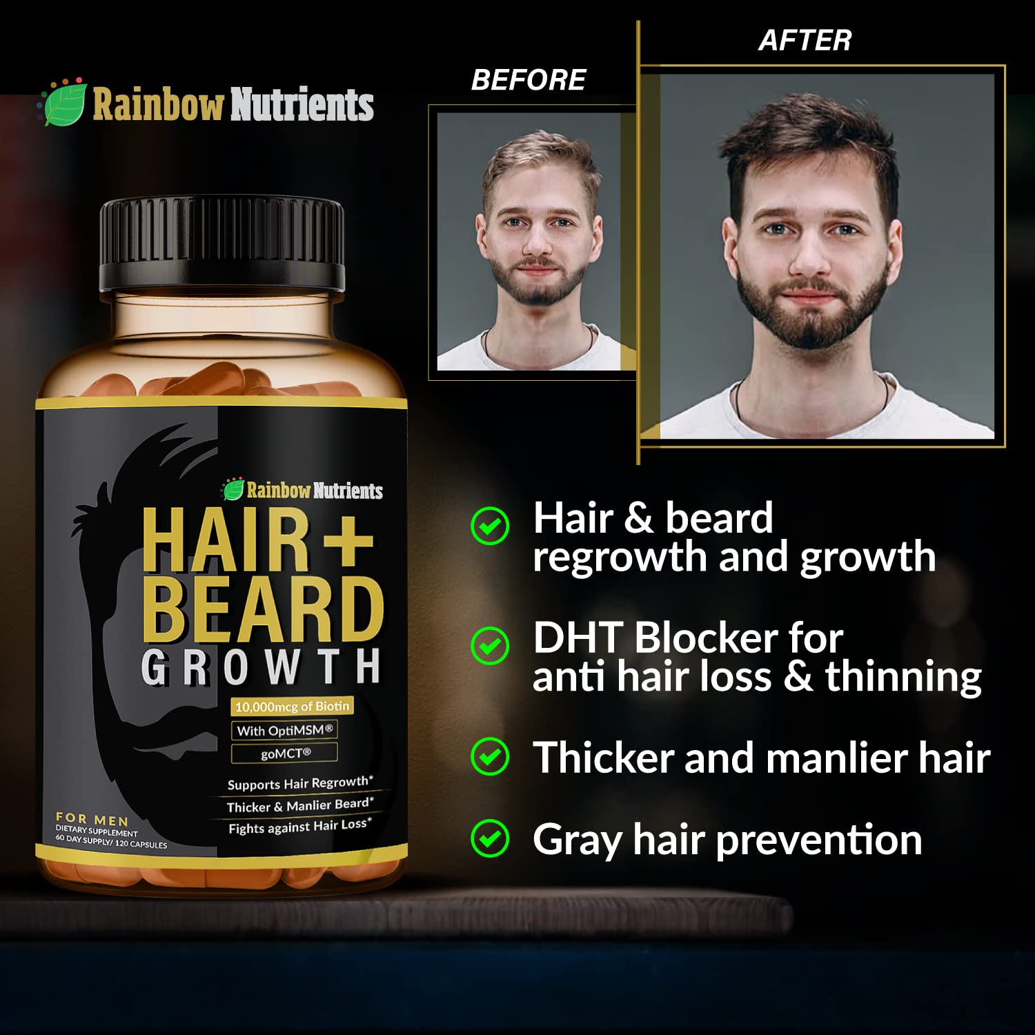 Rainbow Nutrients Hair + Beard Growth Vitamins for Men – Biotin 10,000 mcg, Collagen, Patented OptiMSM®, goMCT®, Saw Palmetto | 60 Day Supply