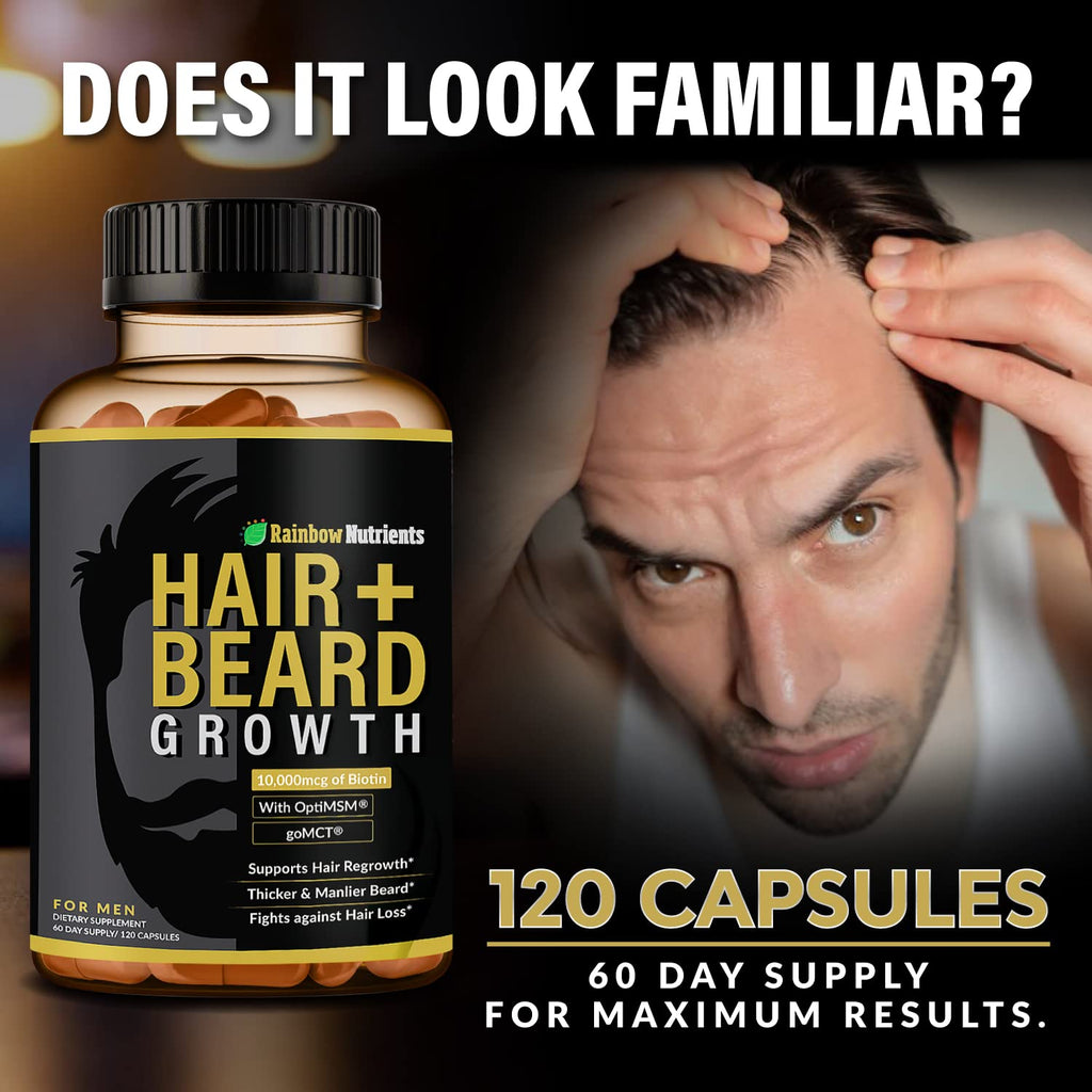 Rainbow Nutrients Hair + Beard Growth Vitamins for Men – Biotin 10,000 mcg, Collagen, Patented OptiMSM®, goMCT®, Saw Palmetto | 60 Day Supply