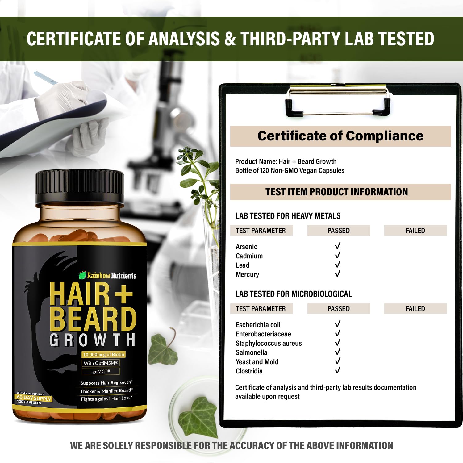Rainbow Nutrients Hair + Beard Growth Vitamins for Men – Biotin 10,000 mcg, Collagen, Patented OptiMSM®, goMCT®, Saw Palmetto | 60 Day Supply