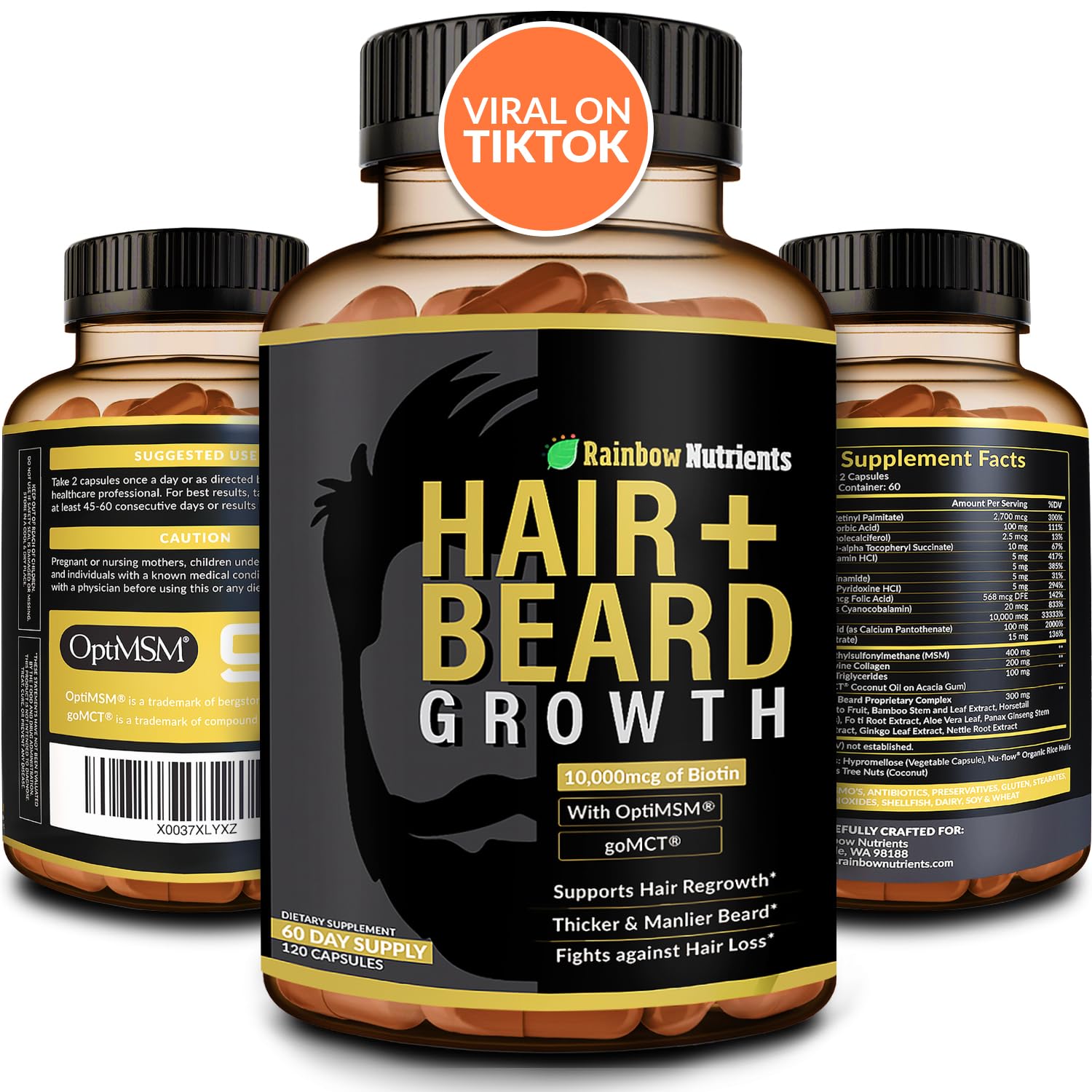 Rainbow Nutrients Hair + Beard Growth Vitamins for Men – Biotin 10,000 mcg, Collagen, Patented OptiMSM®, goMCT®, Saw Palmetto | 60 Day Supply