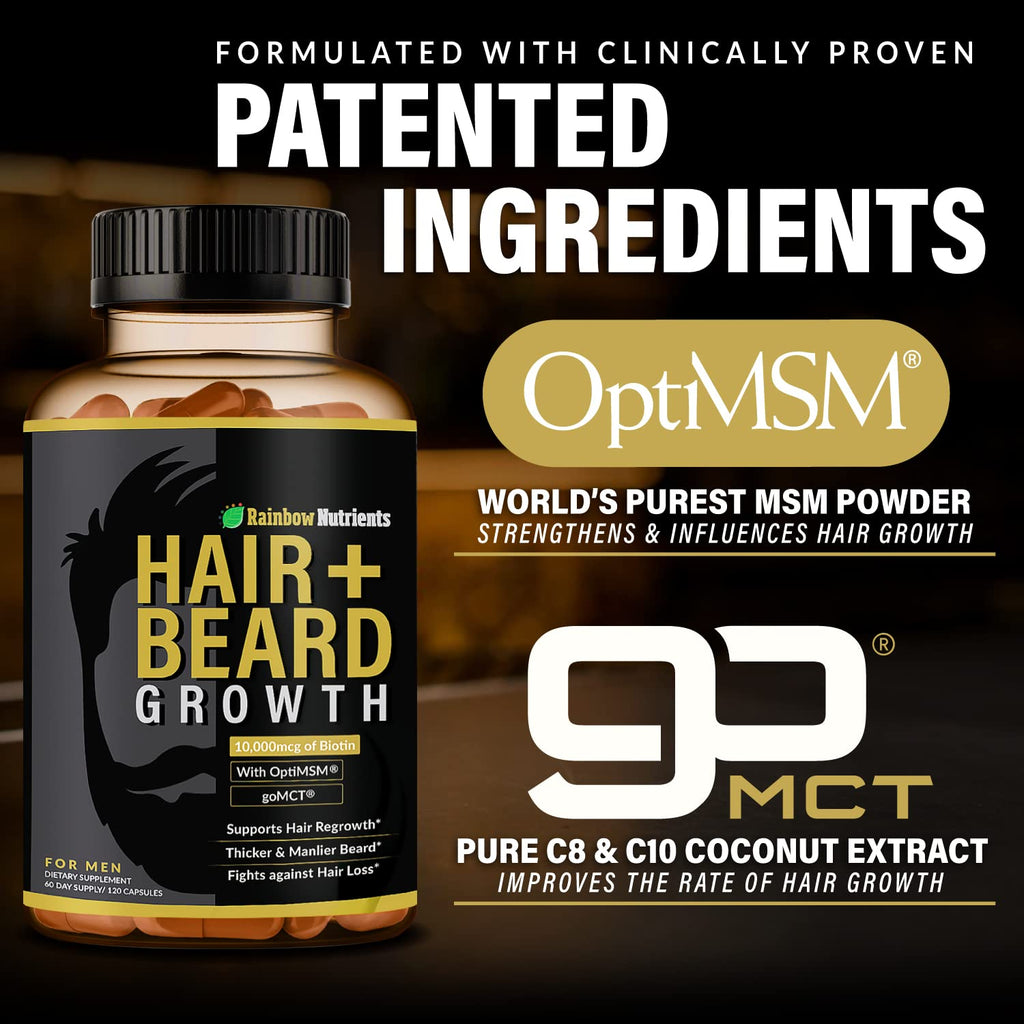 Rainbow Nutrients Hair + Beard Growth Vitamins for Men – Biotin 10,000 mcg, Collagen, Patented OptiMSM®, goMCT®, Saw Palmetto | 60 Day Supply