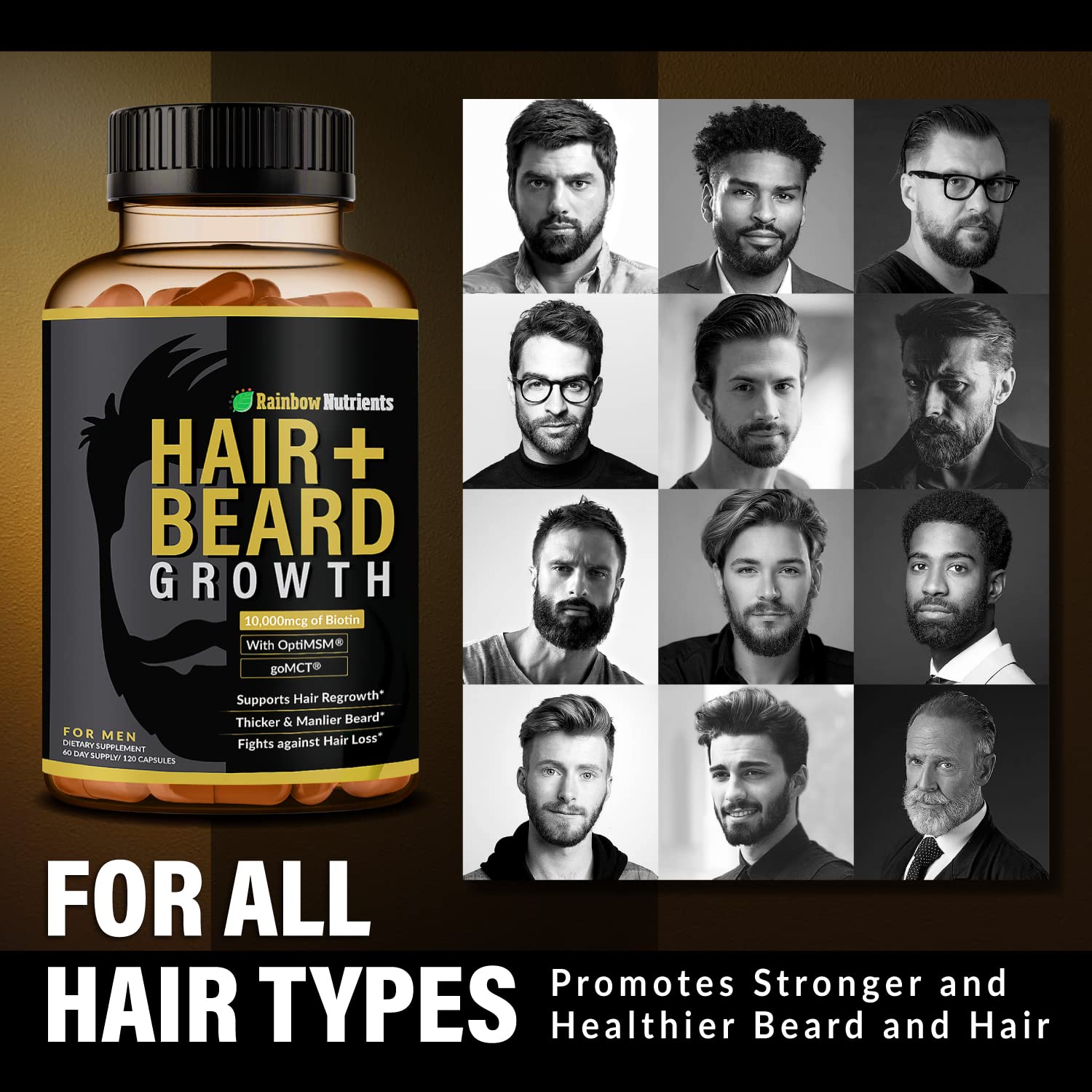 Rainbow Nutrients Hair + Beard Growth Vitamins for Men – Biotin 10,000 mcg, Collagen, Patented OptiMSM®, goMCT®, Saw Palmetto | 60 Day Supply