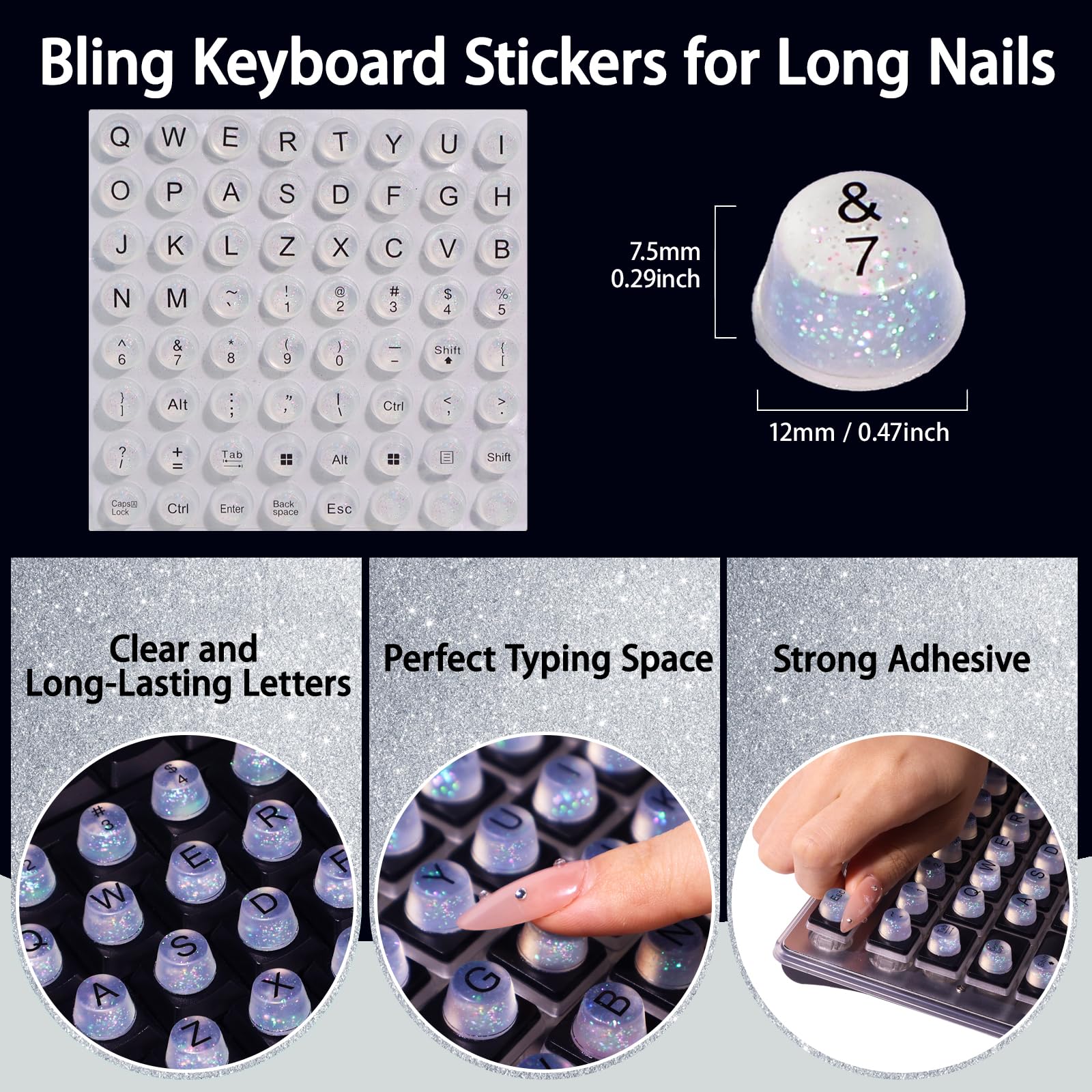 Raised Button Raised Keyboard Stickers for Long Nails – Soft Silicone, Clear, 64 Pcs