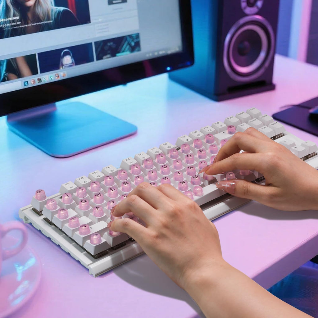 Raised Button Pink Keyboard Stickers for Long Nails – Soft Silicone Keycaps (64 Pcs)