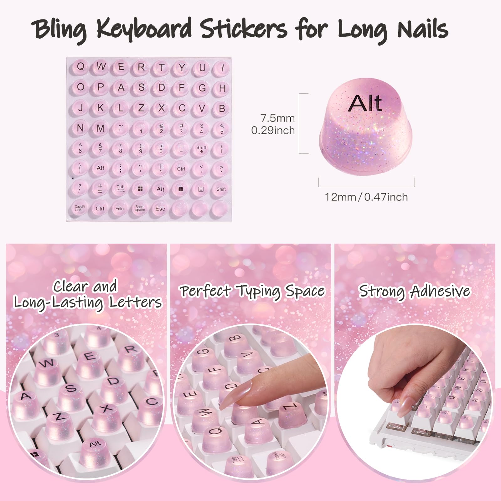 Raised Button Pink Keyboard Stickers for Long Nails – Soft Silicone Keycaps (64 Pcs)