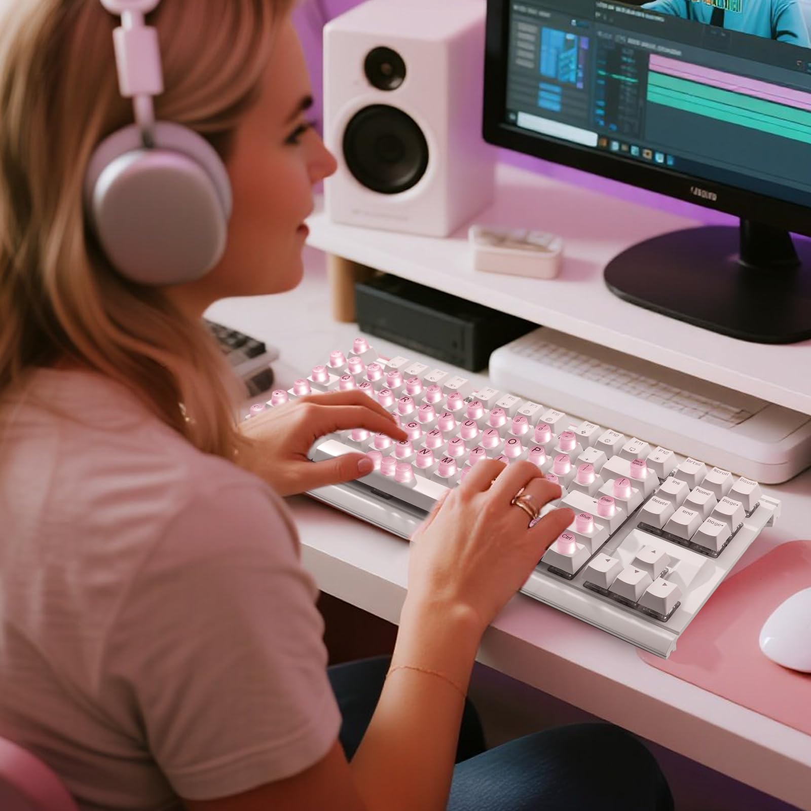 Raised Button Pink Keyboard Stickers for Long Nails – Soft Silicone Keycaps (64 Pcs)