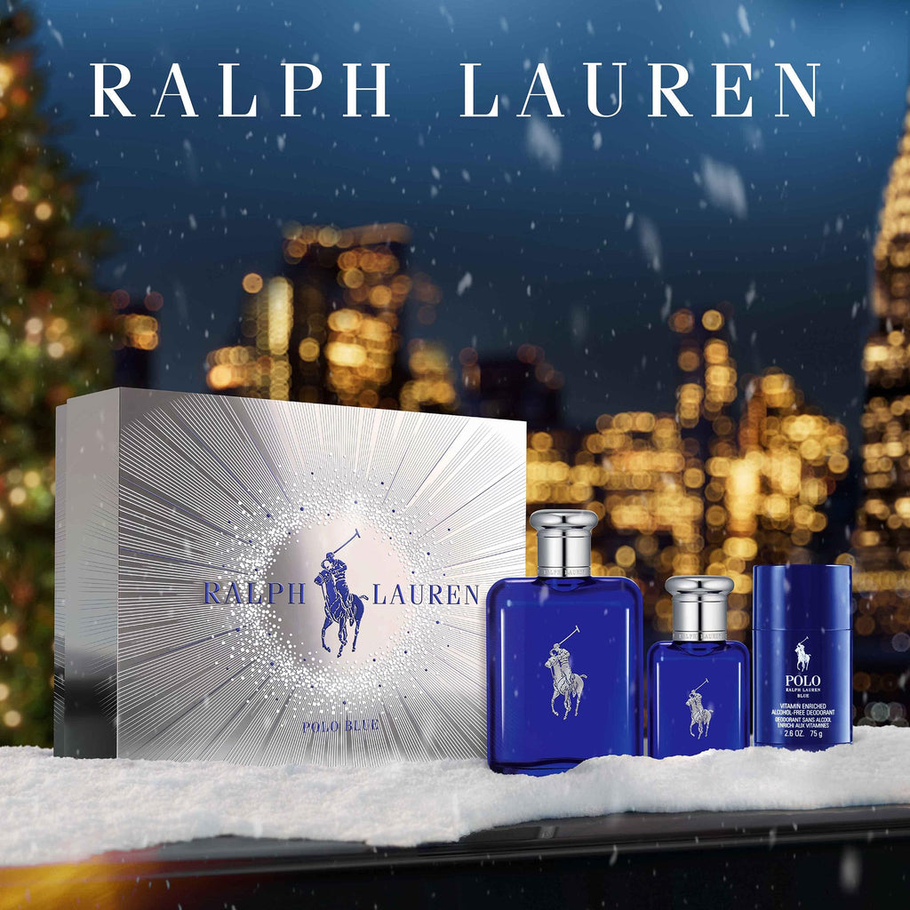 Ralph Lauren Polo Blue Eau de Toilette Gift Set for Men — 4.2oz Full Size, Travel Size & Deodorant