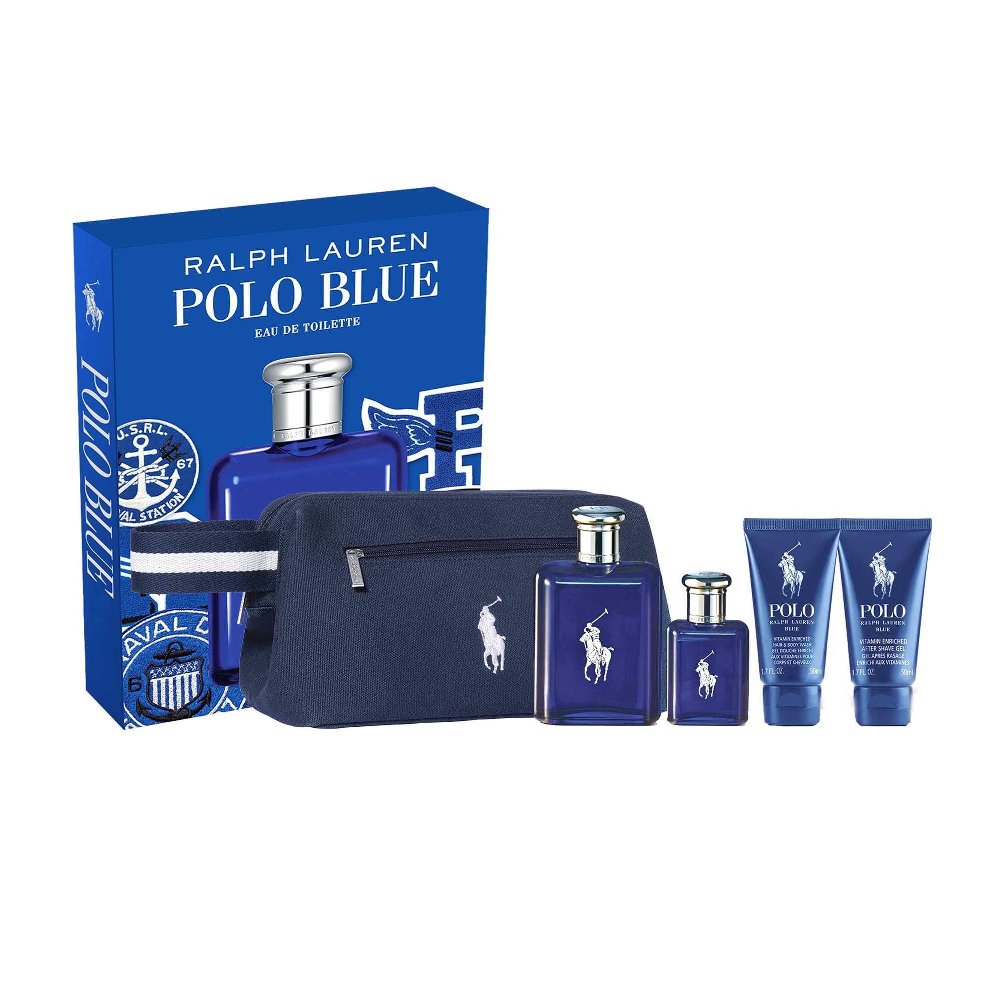 Polo Blue Eau de Toilette Gift Set – Ralph Lauren Fragrances | Full & Travel Size EDT, Aftershave, Hair & Body Wash, Pouch