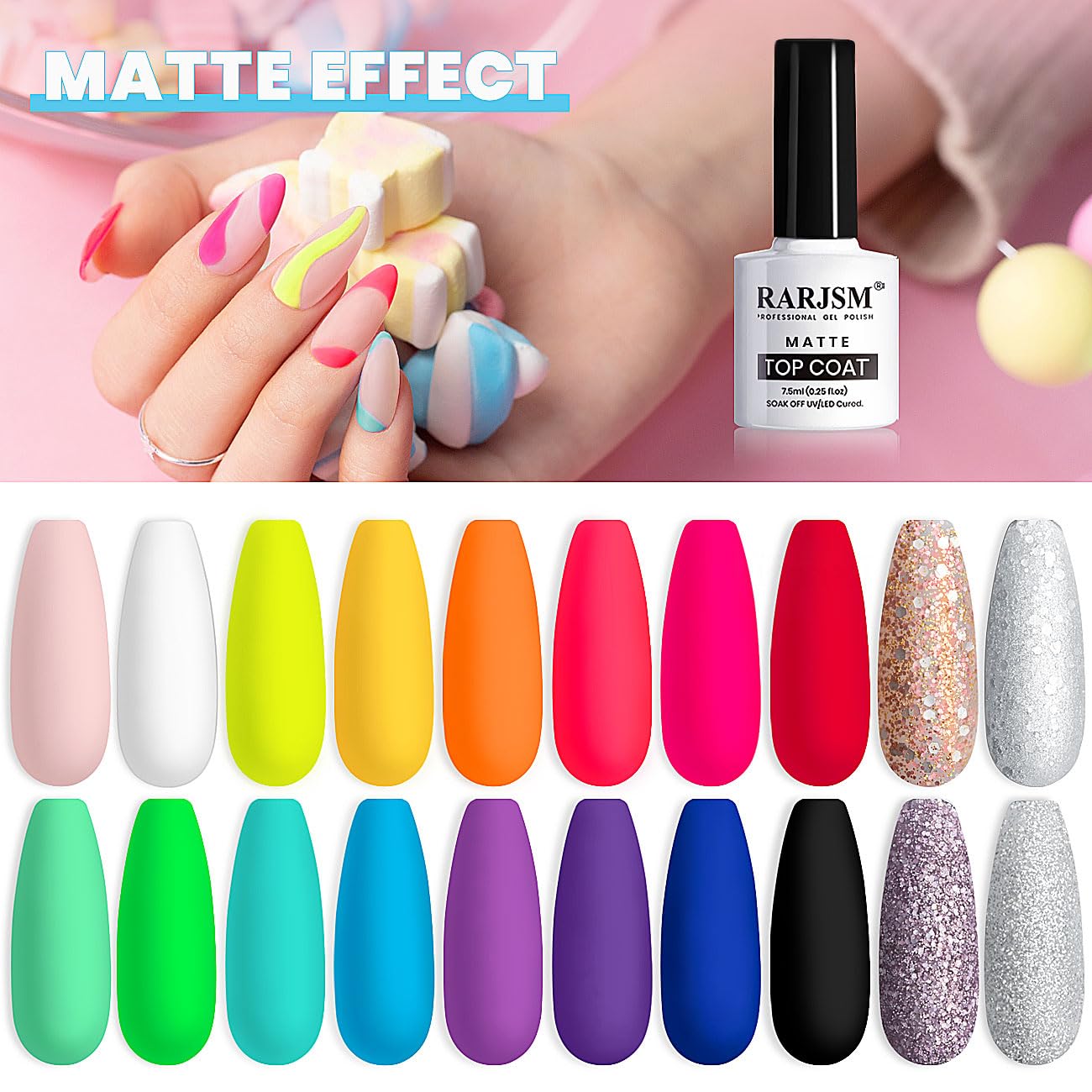 RARJSM 23 Pcs Gel Nail Polish Set — Pastel, Neon & Classic Colors with Base & Top Coats | LED/UV Curing