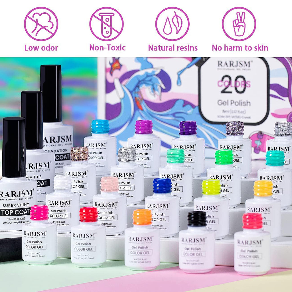 RARJSM 23 Pcs Gel Nail Polish Set — Pastel, Neon & Classic Colors with Base & Top Coats | LED/UV Curing