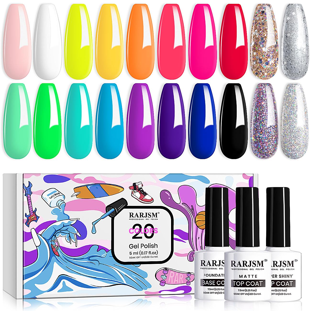 RARJSM 23 Pcs Gel Nail Polish Set — Pastel, Neon & Classic Colors with Base & Top Coats | LED/UV Curing