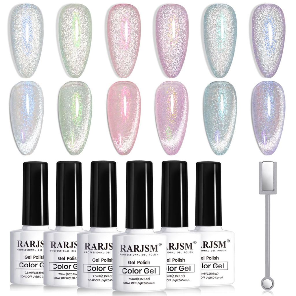 RARJSM Aurora Mermaid Cat Eye Gel Nail Polish Set — 6 Velvet Glitter Colors with Magnetic Shimmer