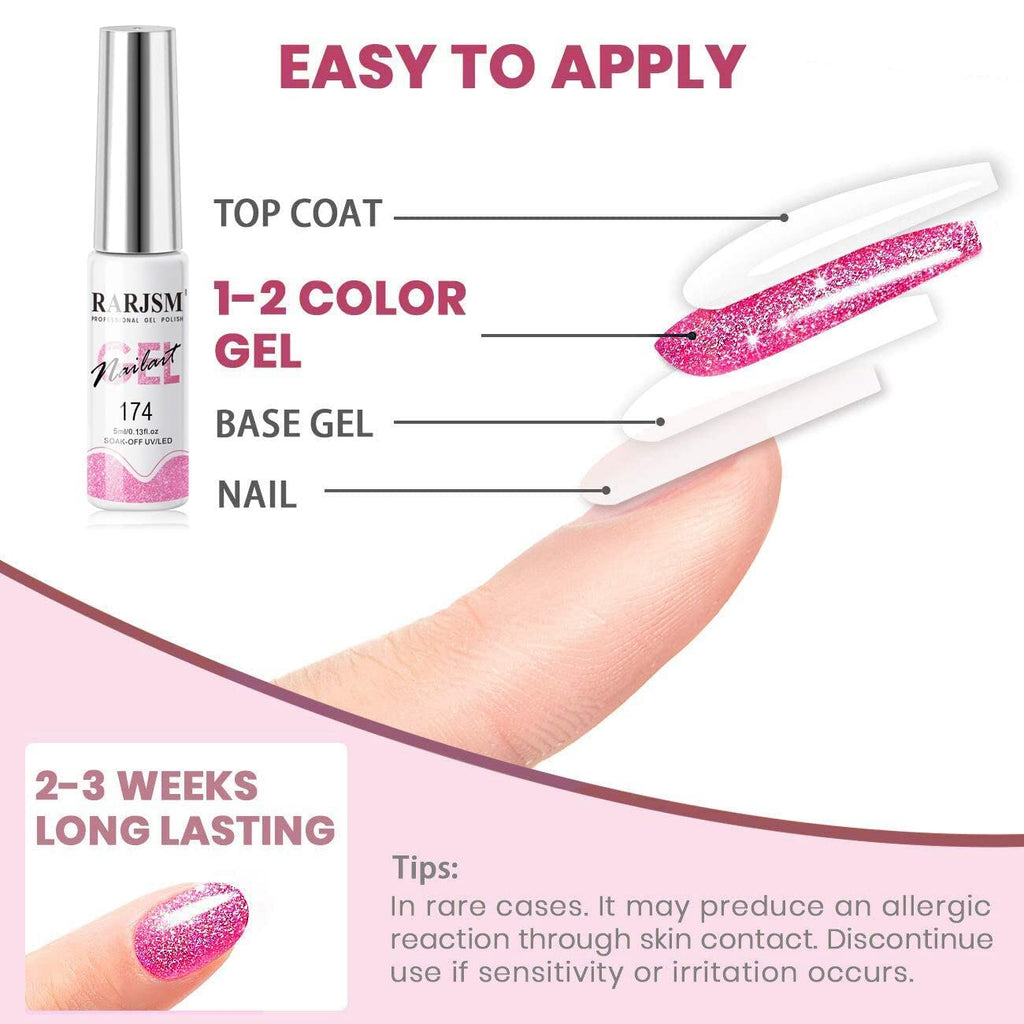 RARJSM Reflective Glitter Nail Art Gel Liner – 12 Colors, Diamond Sparkle, UV/LED Curing