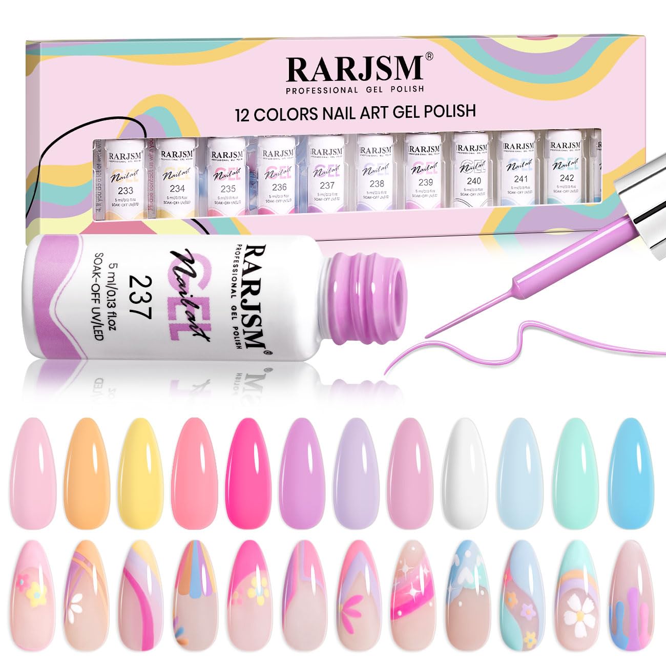 RARJSM Gel Liner Nail Art Set 12 Colors – 5ml Striping Gel Polish with Thin Brush