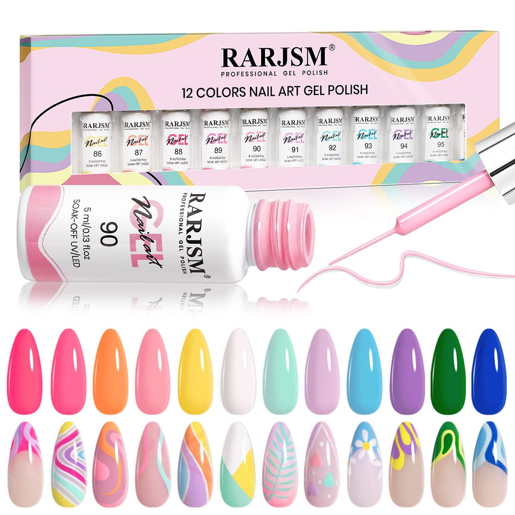 RARJSM Gel Liner Nail Art Polish Set – 12 Candy Pastel Colors, Thin Brush, Soak Off, 5ml